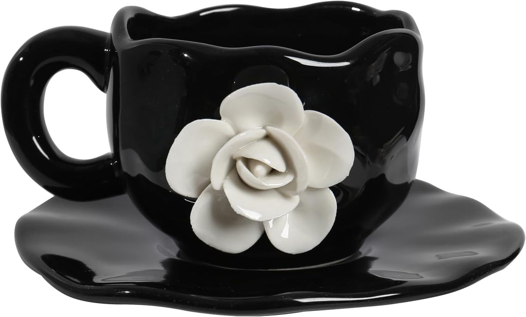 Cute Black with White Flowers Ceramic Cups, Unique Fancy Tea Cups with Saucer, 11OZ