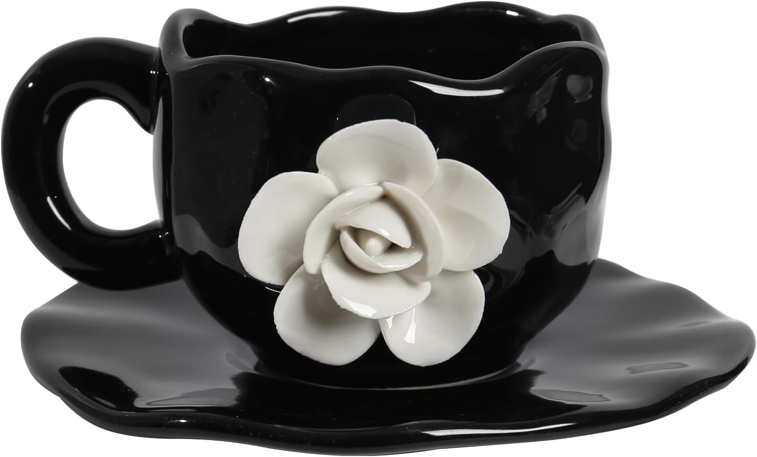 Cute Black with White Flowers Ceramic Cups, Unique Fancy Tea Cups with Saucer, 11OZ