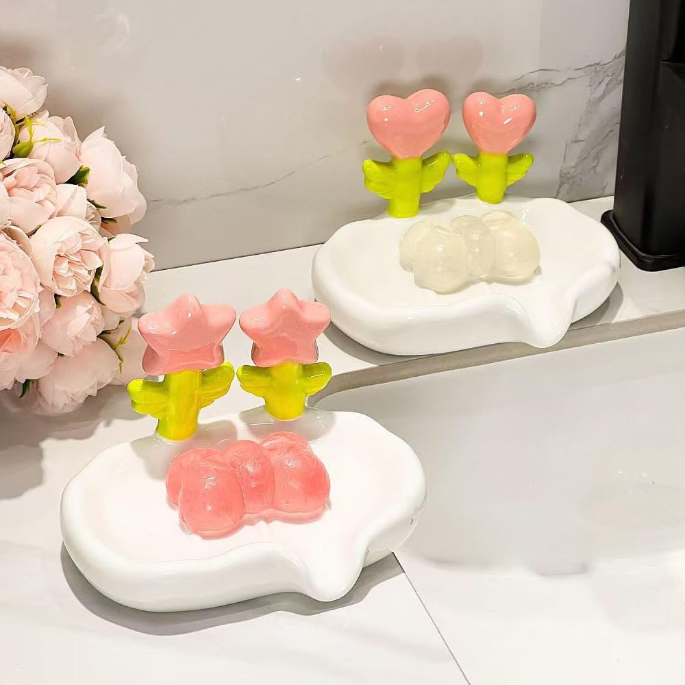 Girly Ceramic Soap Dish - Cute Bathroom Soap Dsih, Adorable Floral Soap Holder for Bathroom Sink Counter, Non-Slip Base