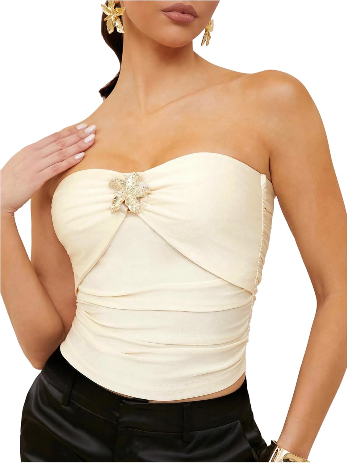 Women's Rhinestone 3D Floral Sleeveless Bandeau Ruched Strapless Tube Top