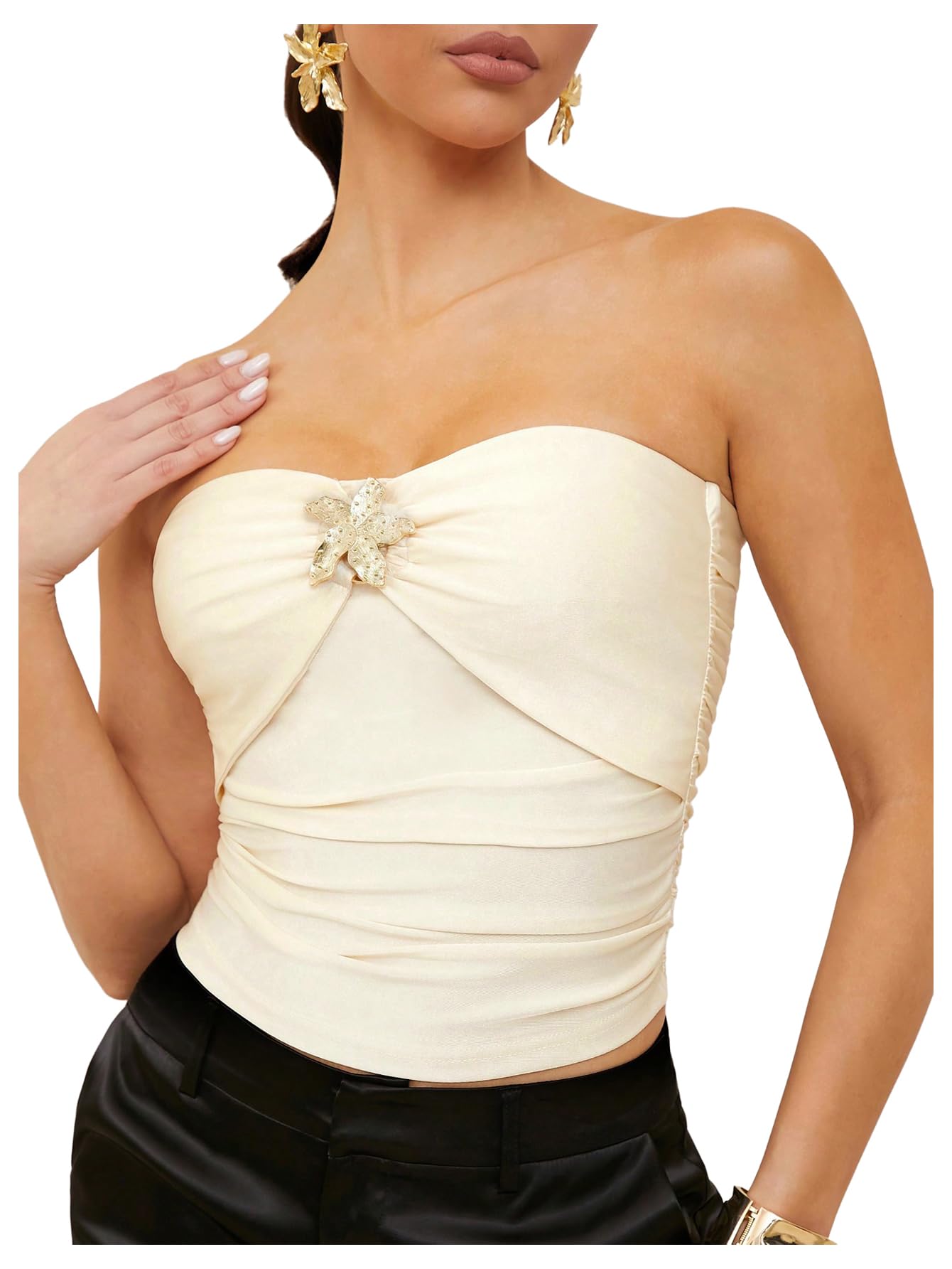 Women's Rhinestone 3D Floral Sleeveless Bandeau Ruched Strapless Tube Top