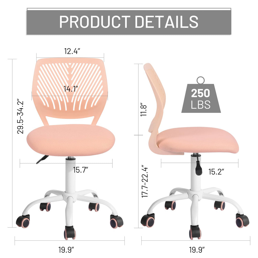 Study Desk Chair Armless Cute, Ergonomic Small Swivel Adjustable Rolling Lightweight Task Chair with Wheels and Mesh Padded Cushion
