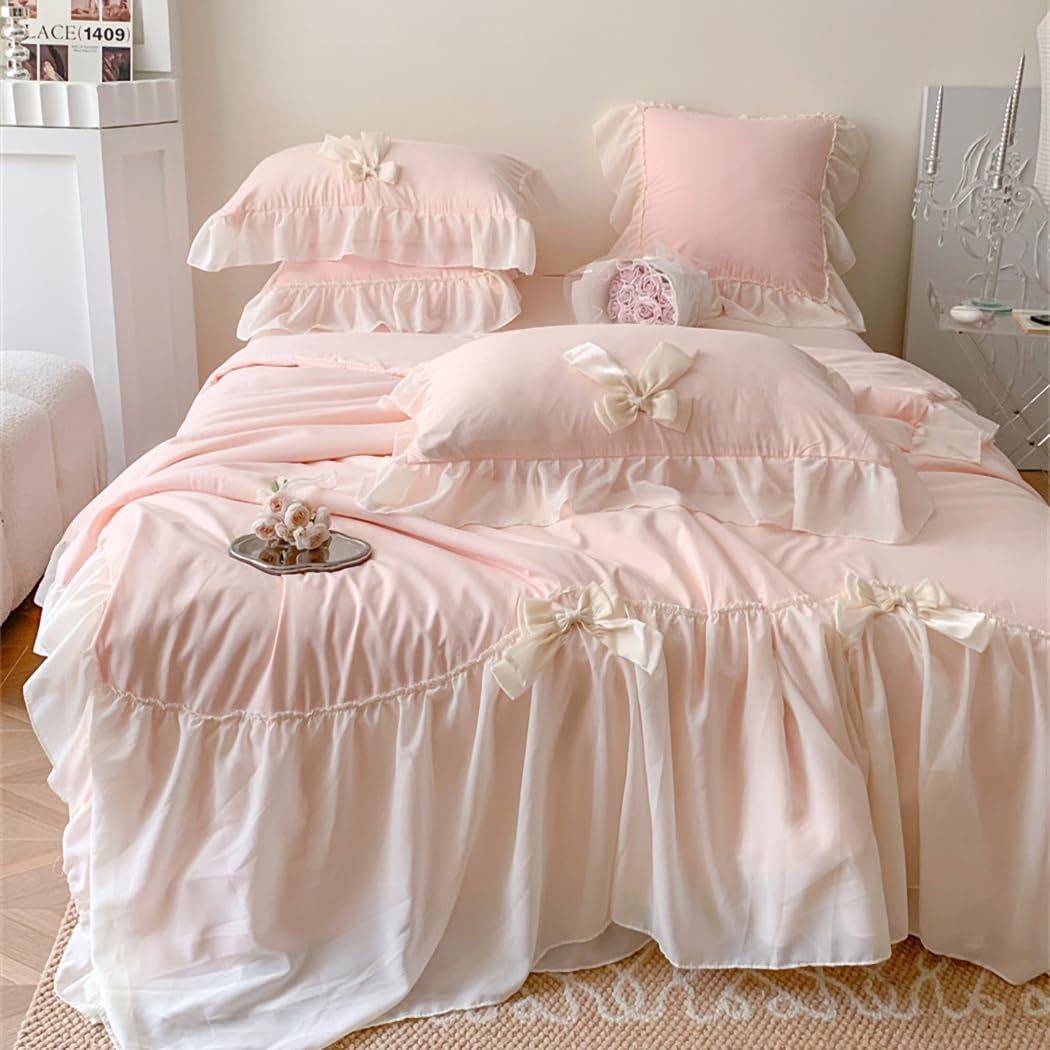 Ruffle Duvet Cover Bedding Set with Bowtie, 2 Pieces Comforter Cover Set with Zipper Closure with Pillowcase