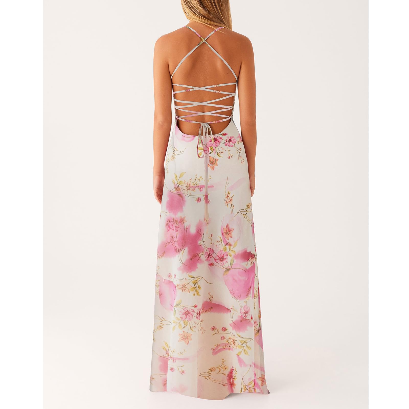 Women Floral Slip Dress Spaghetti Strap Maxi Dress Backless Slim Fit Long Dresses Flowers Print Going Out Dress