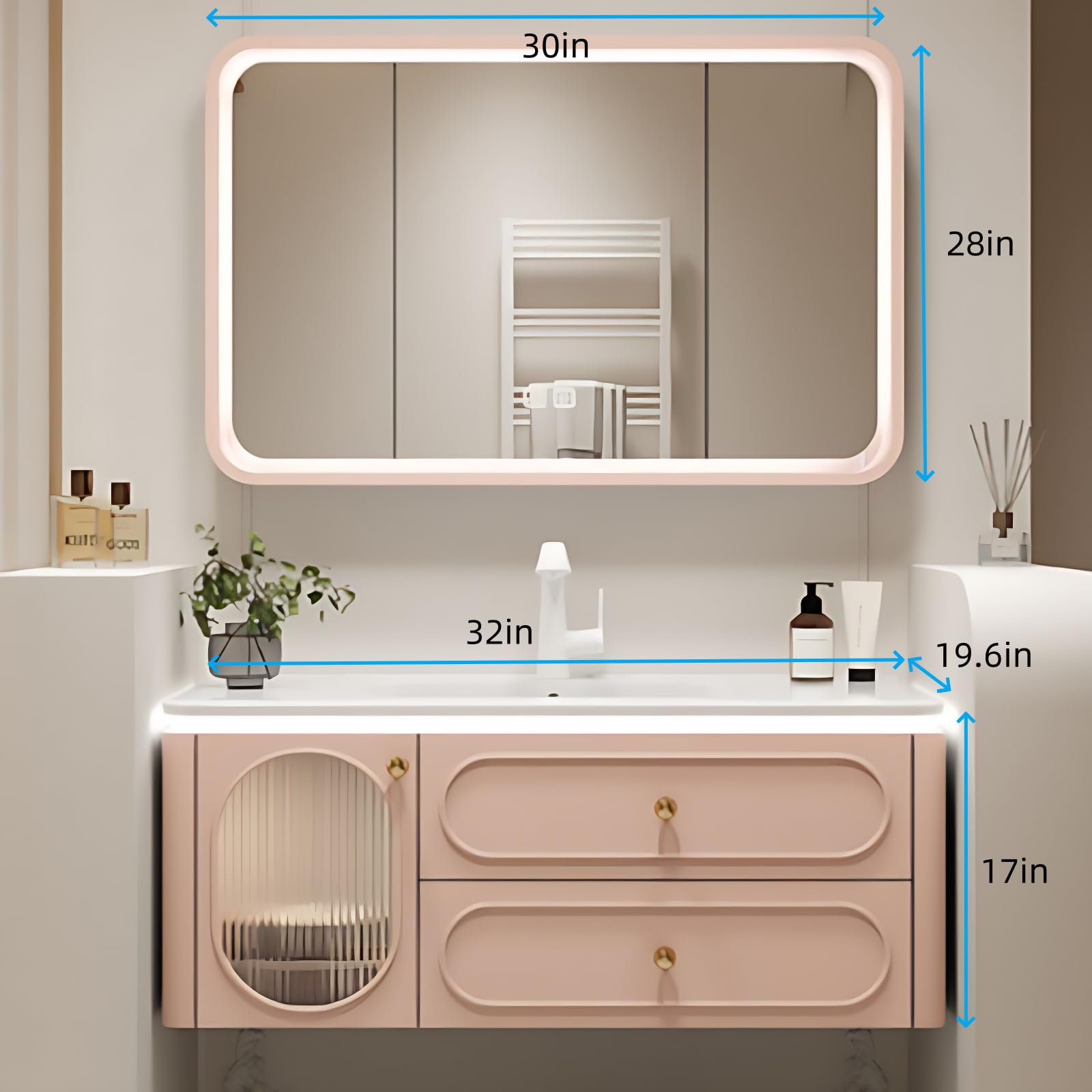 Wall-Mounted Bathroom Vanity Set - Included Single Sink, Contemporary Bathroom Vanity Featuring an Intelligent LED Defogging Mirror Cabinet & Ample Storage, Solid Wood Construction