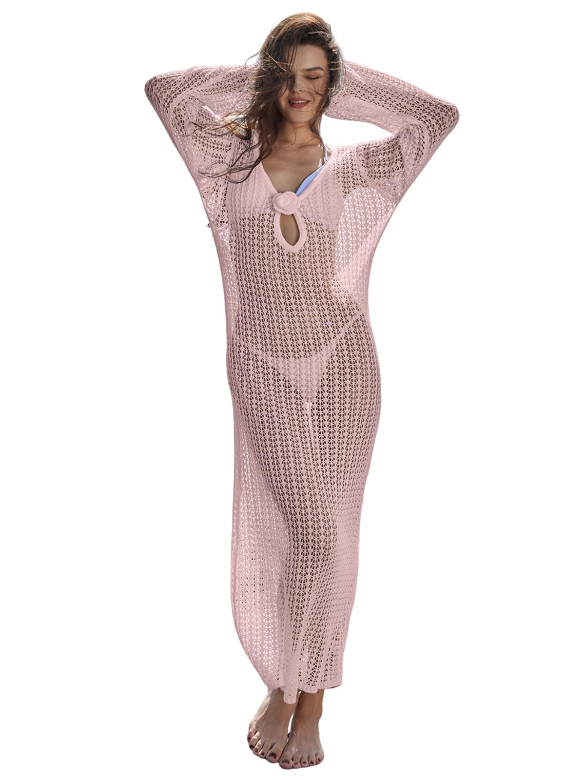 Women's Knitted Swimsuit Cover Up 3D Floral Hollow Out Open Back Tie-Up Maxi Dress Beachwear Coverup Dresses