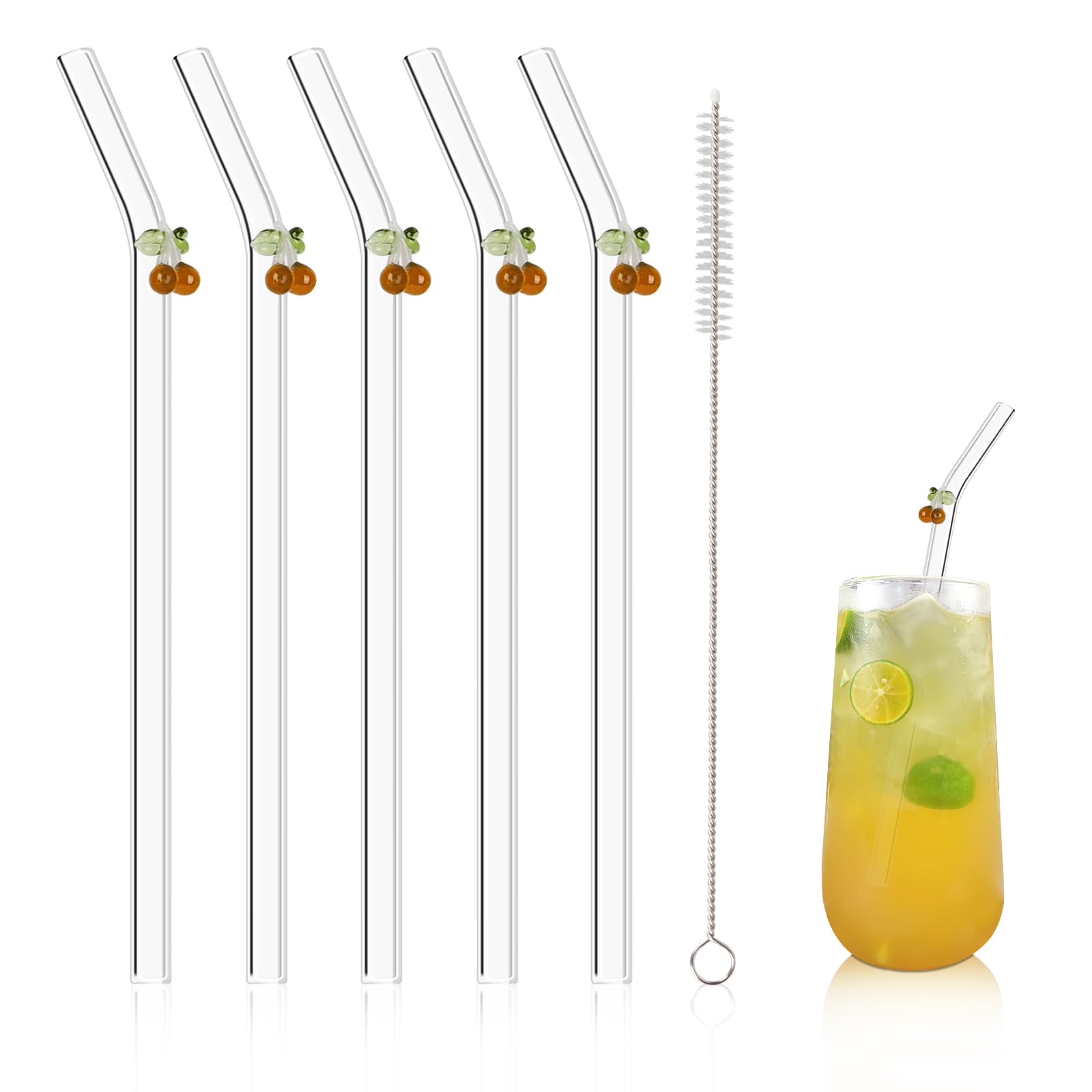 Reusable Straws Clear Glass Straws Colorful Butterfly Design Size 7.8" x 8mm with 1 Cleaning Brush 5 Pcs