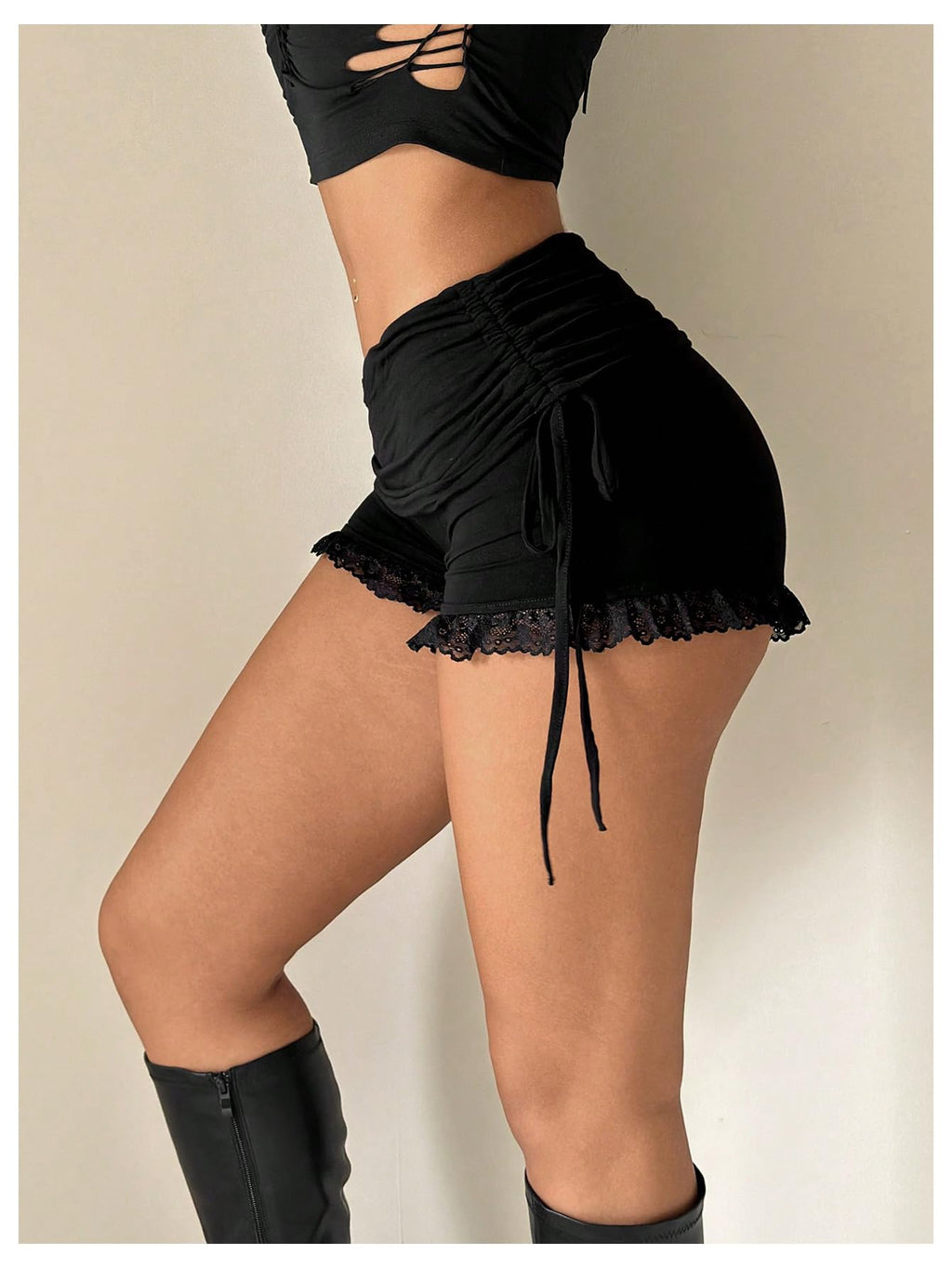 Women's Side Drawstring Lace Ruffle Shorts Y2K Ruched Low Rise Mini Stretchy Slim Fit Micro Shorts