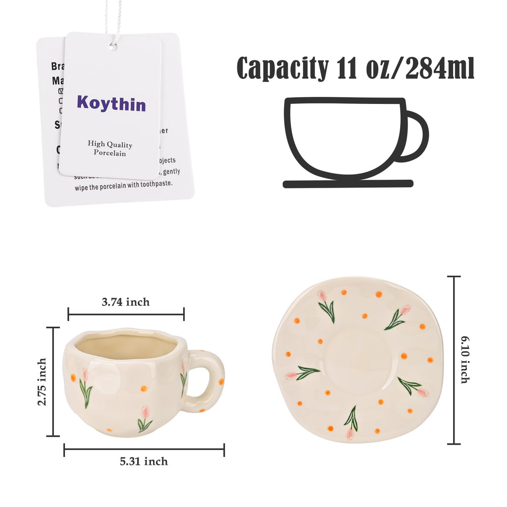 Ceramic Coffee Mug with Saucer Set, Cute Creative Cup Unique Irregular Design, 10 oz/300 ml