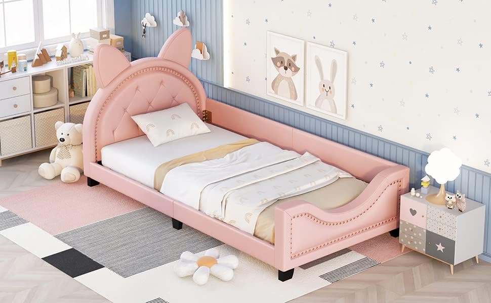 Pink Twin Size Wood Platform Bed Frame With House-Shaped Headboard For Girls Kids Toddler
