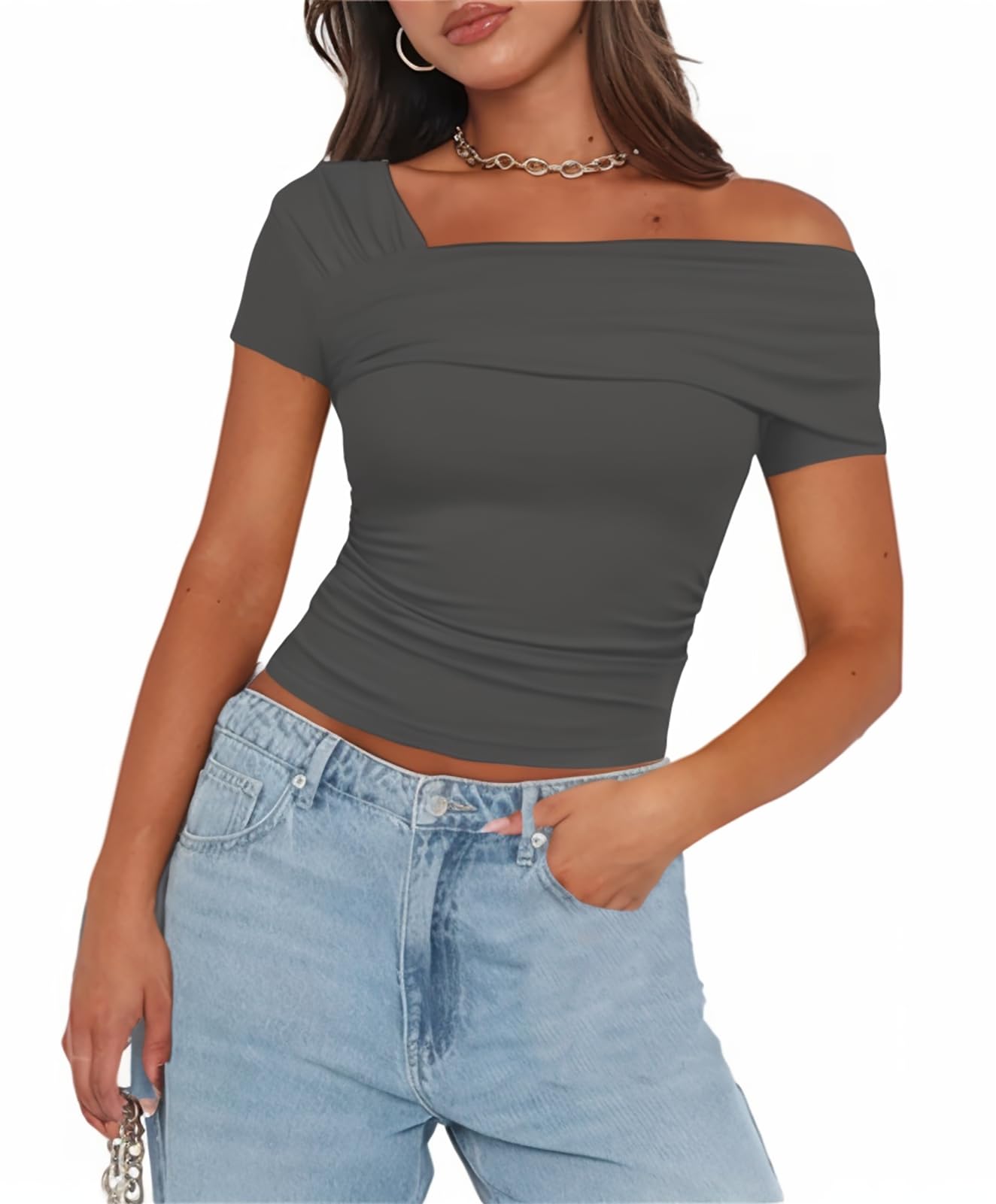 Women's One Off The Shoulder Top - Short Sleeve Ruched Going Out Crop Top Slim Fit Y2K T Shirt