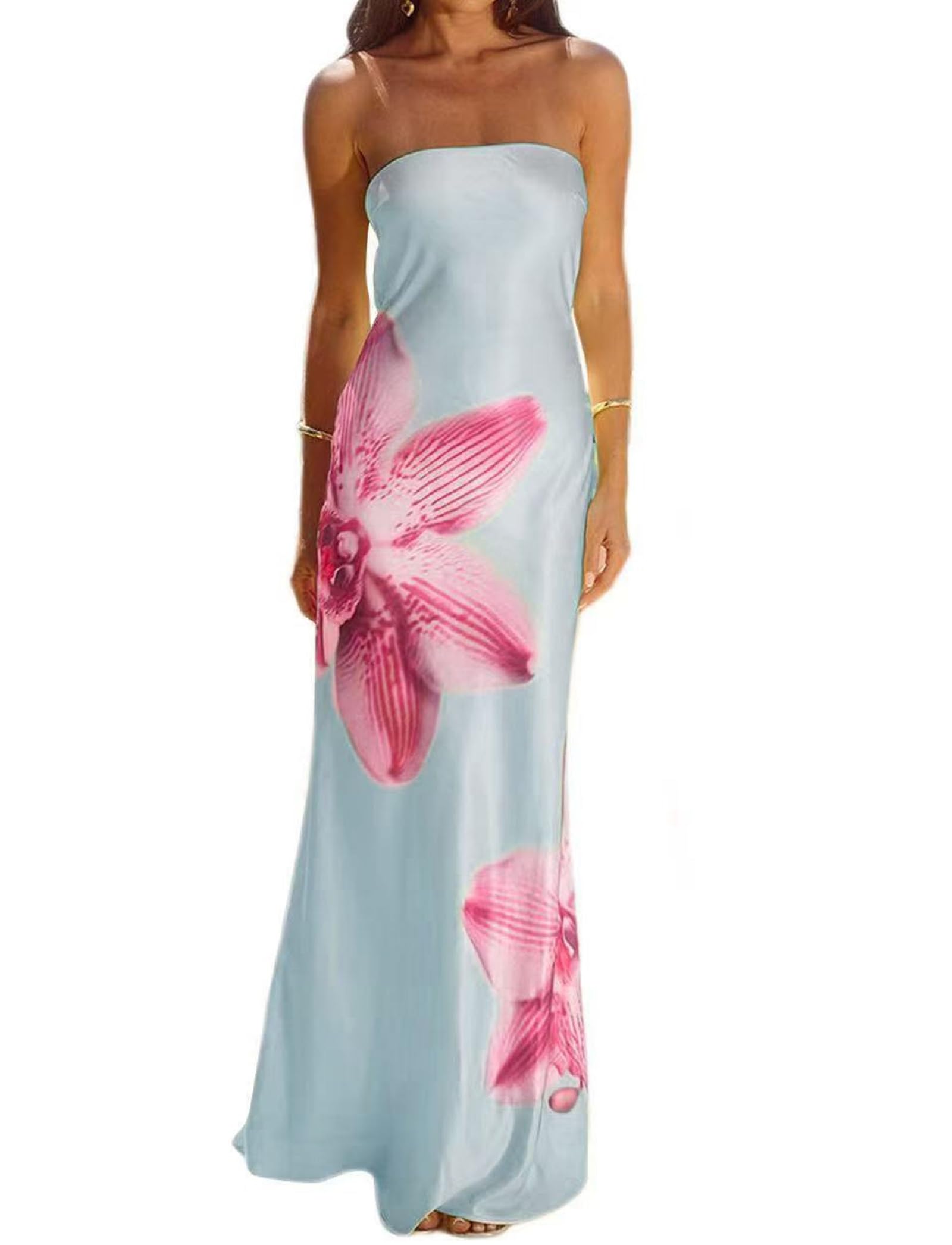 Women Floral Strapless Maxi Dress Sexy Bodycon Backless Tube Long Dress Summer Off Shoulder Cocktail Dresses