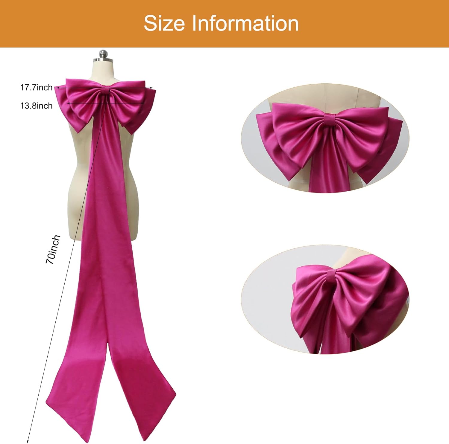 Detachable Big Bow Long Train Satin Bowknot Sweep Train Waist Sash Belt Bowknot for Wedding Formal Dress