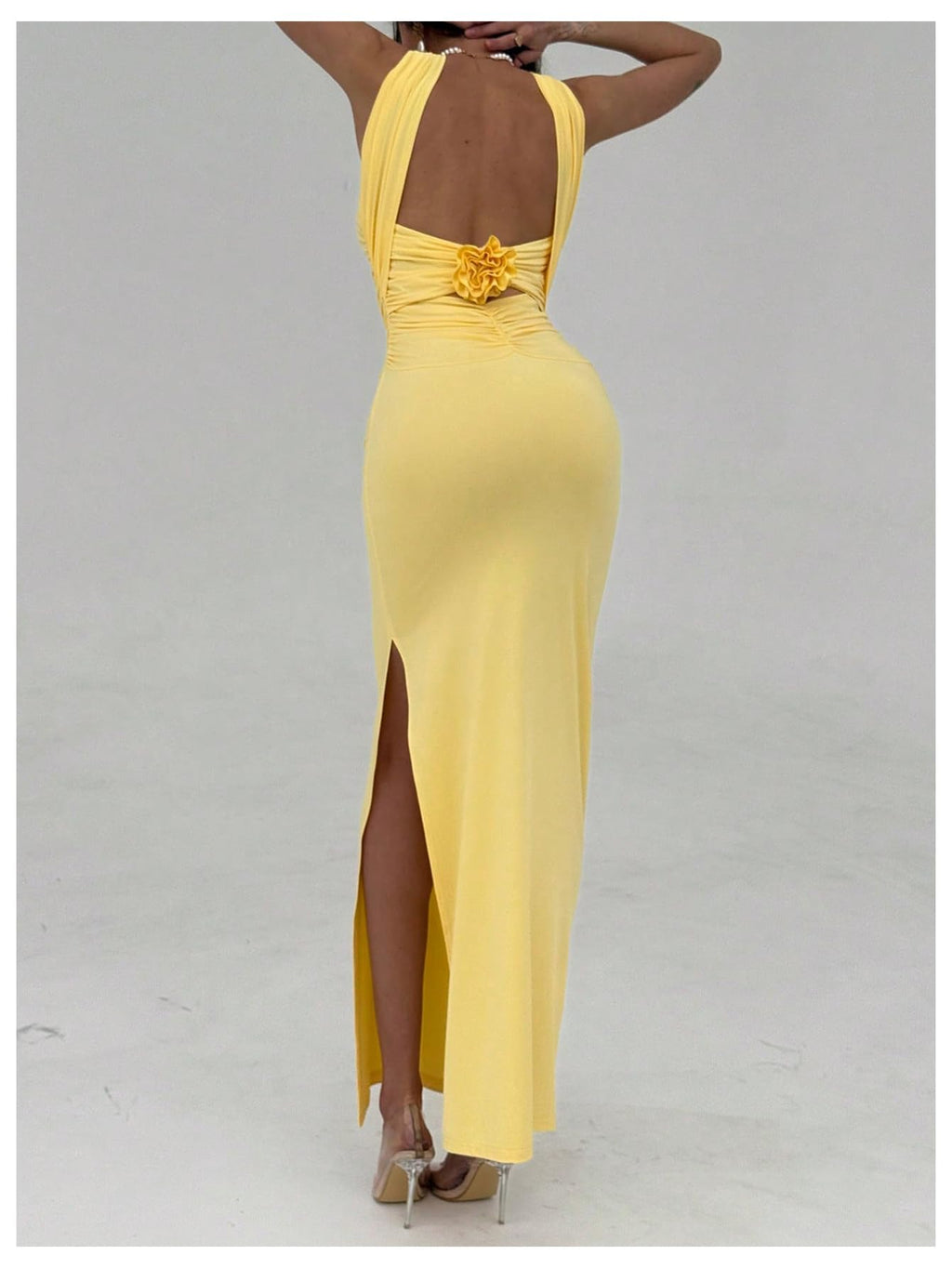 Women's Backless Halter Dress Sexy 3D Floral Ruched Split Thigh Maxi Dresses