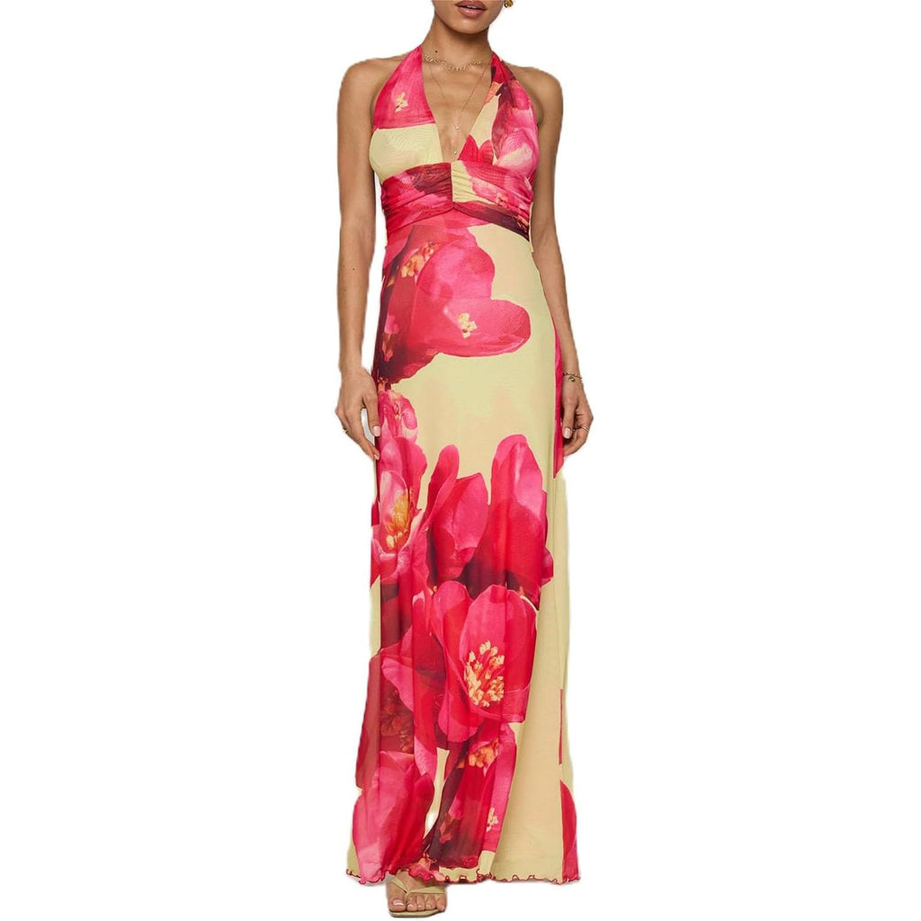 Women's Strapless Neck Scarf Floral Dresses Open Back Bodycon Long Dress Maxi Fitted Sundress