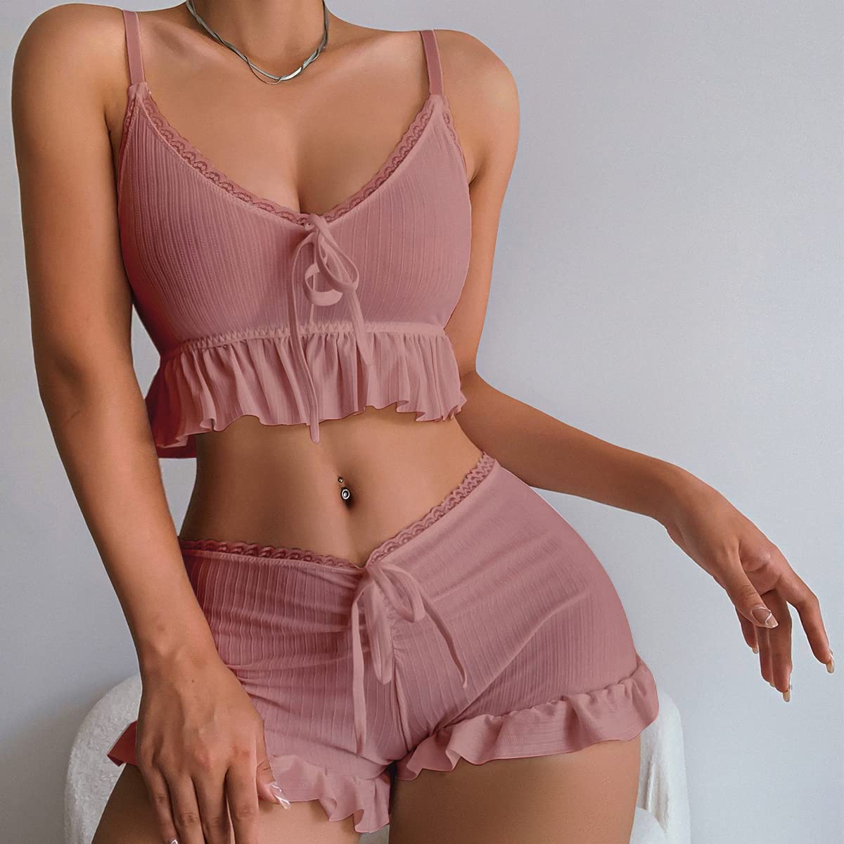 Women's 2 Piece Lingerie Set Pajama Sets Ruffle Trim Tie Front Cami Top and Shorts Sleepwear