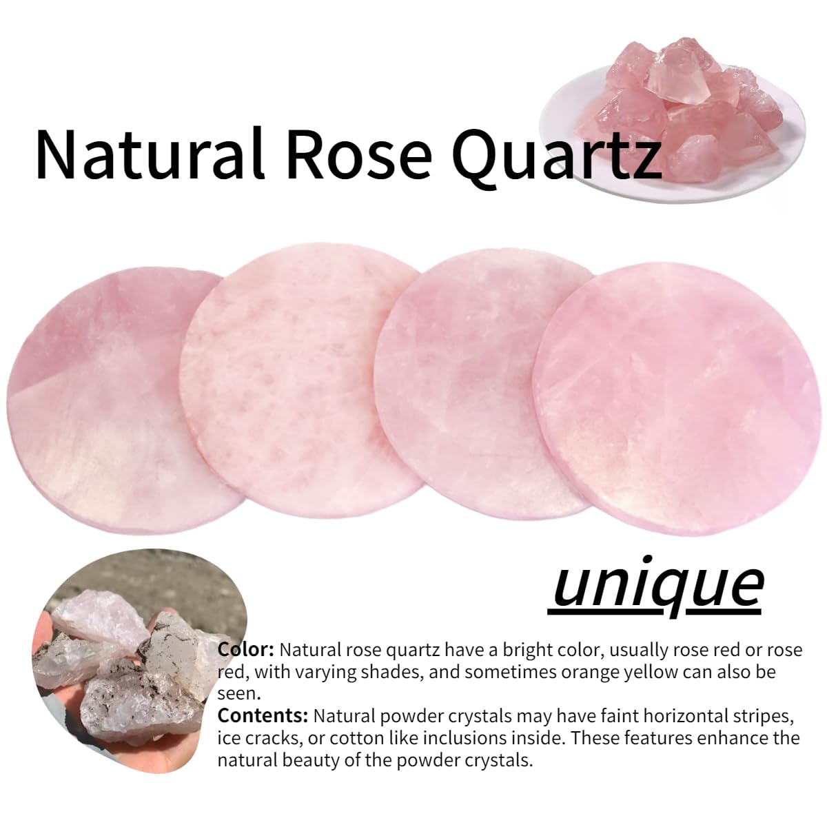 Pink Crystal Coaster Set of 4 Rose Quartz Slices Cup Mat with Rubber Bumper