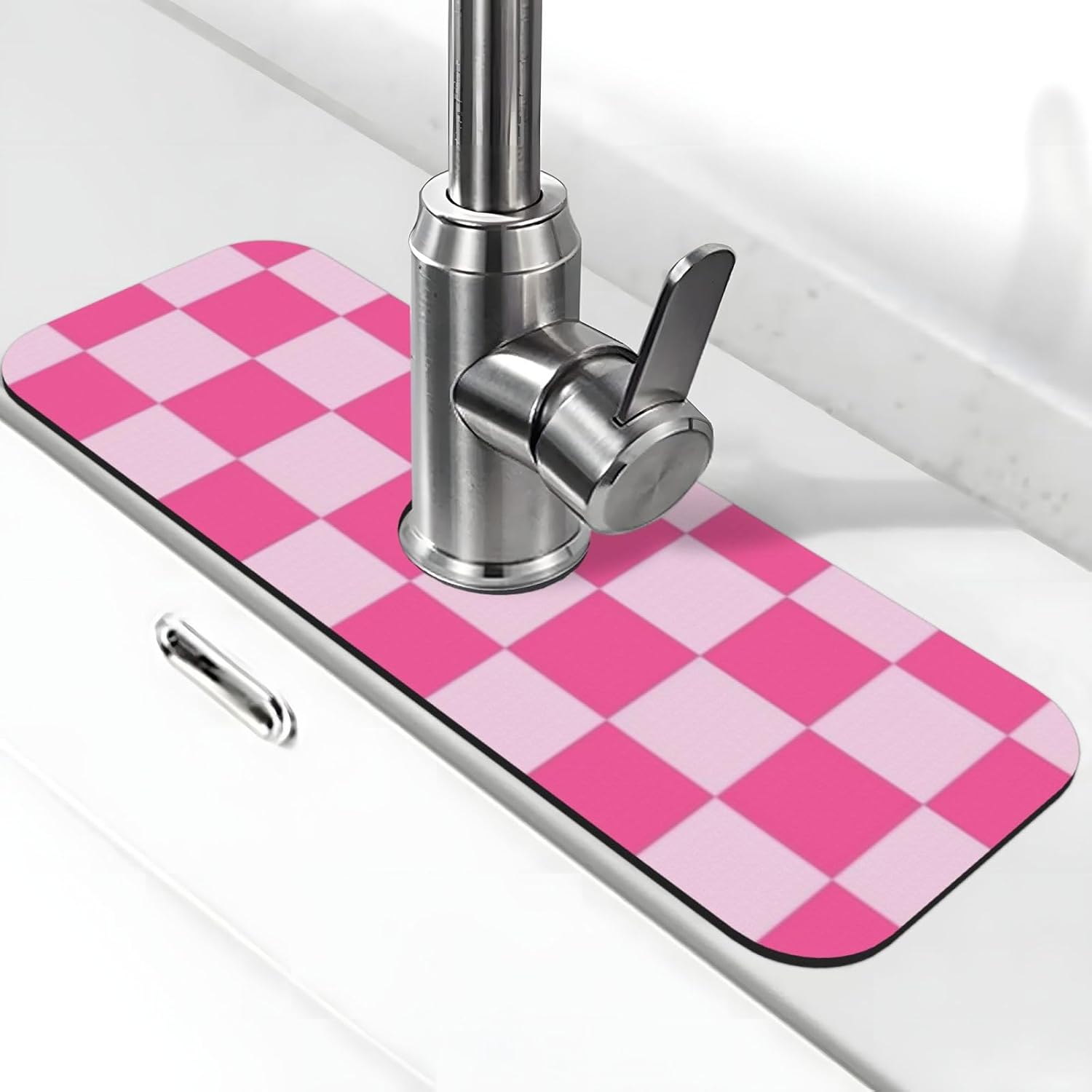 Pink Pastel Checkered Sink Splash Guard Faucet Mat Faucet Handle Drip Catcher Tray Drying Mat