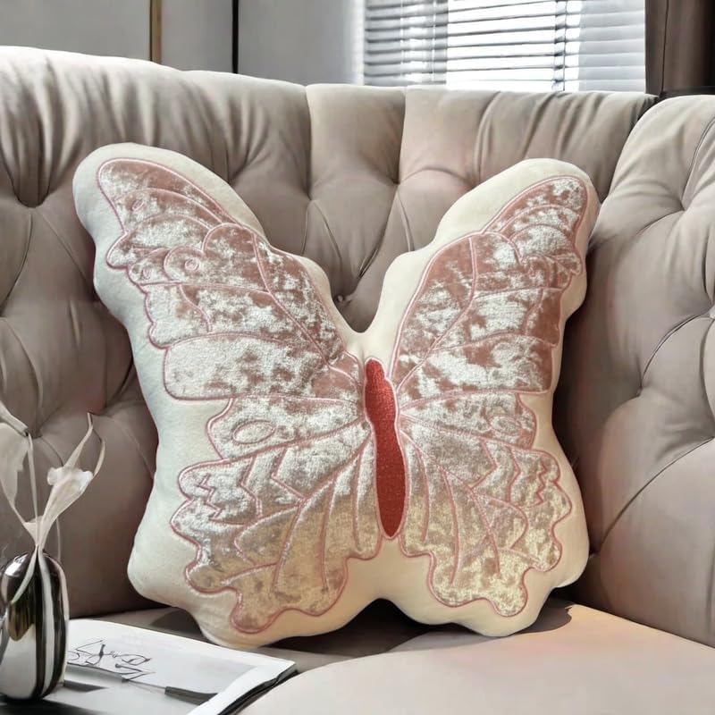Butterfly Throw Pillow, Pink Butterfly-Shaped Glitter Velvet Stuffed Cushion Shiny Spring Decorative Animal Pillow for Couch Living Room Bed (11.8"x11.8")