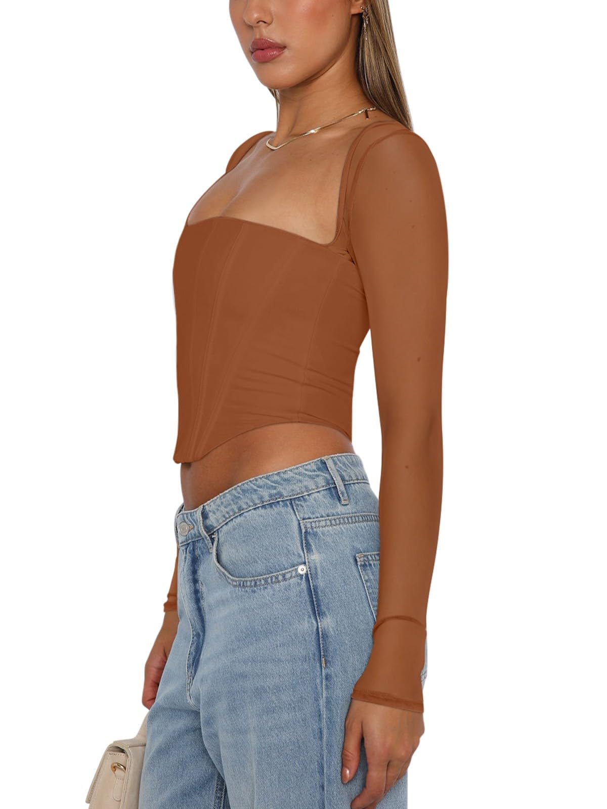 Women's Sexy Sheer Long-Sleeve Corset â€?Y2K Square Neck, Cropped Party Top