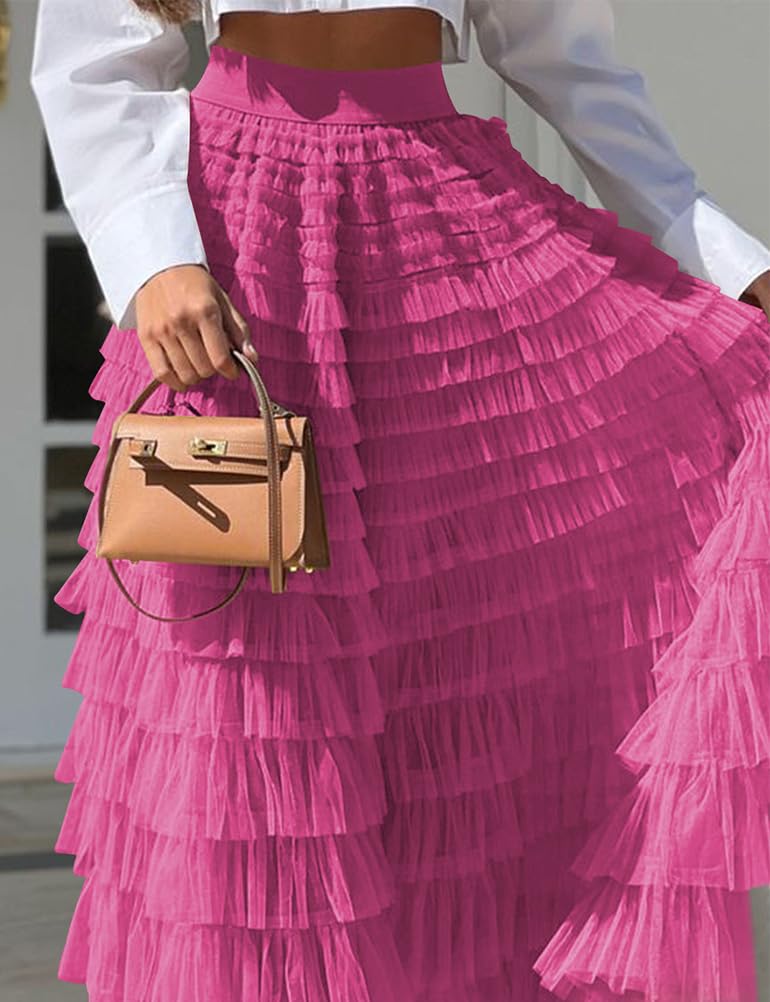 Long Tulle Skirt for Women Trendy High Waisted A Line Fluffy Fairy Mesh Layered Ruffle Skirt