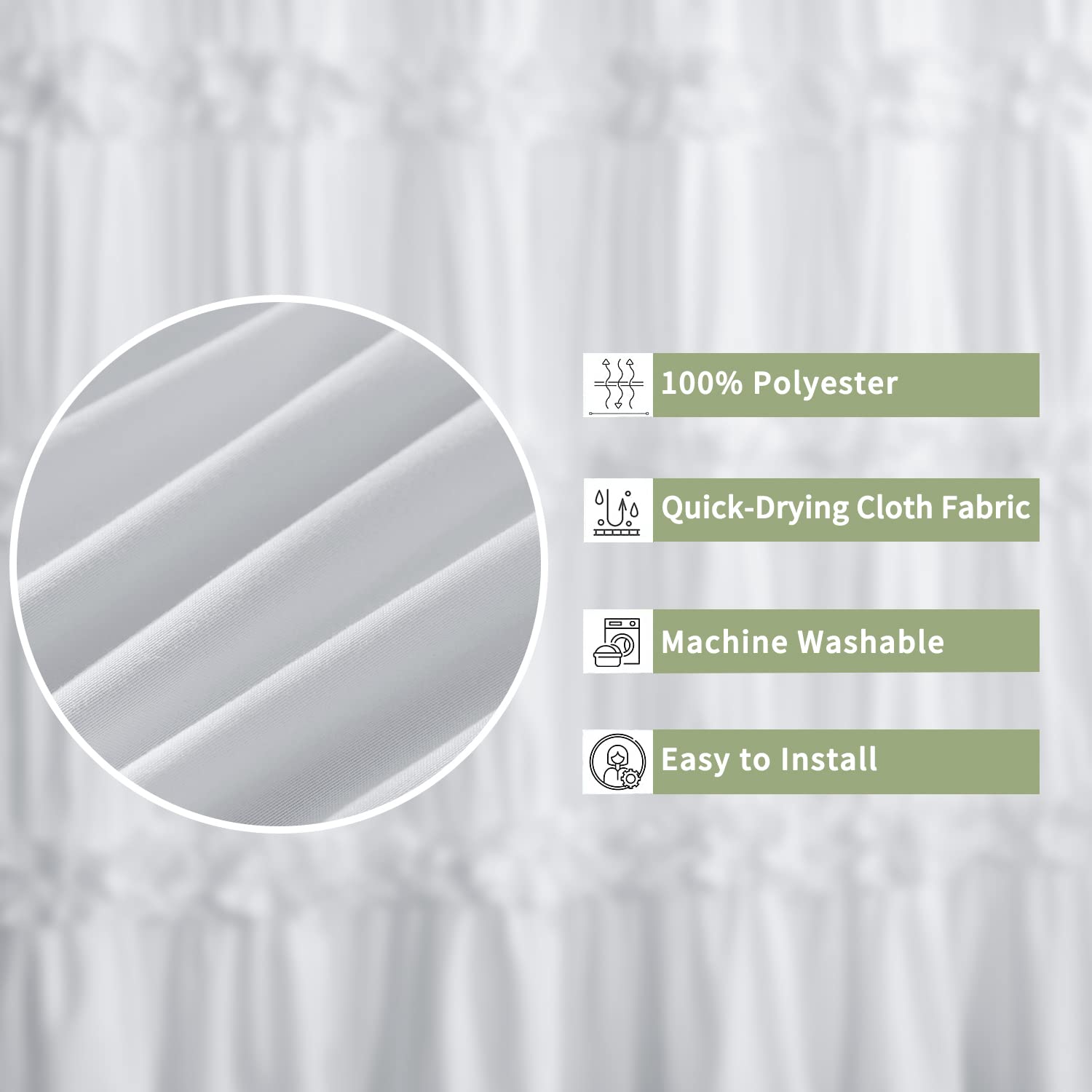 Victorian Bow Tie Ruffle Shower Curtain, with 12 Buttonholes, 72" W x 72" H, White (LQ-10)