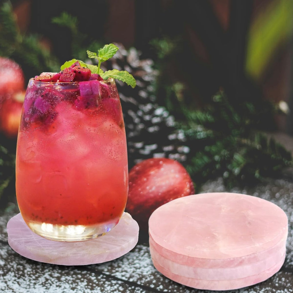 Pink Crystal Coaster Set of 4 Rose Quartz Slices Cup Mat with Rubber Bumper