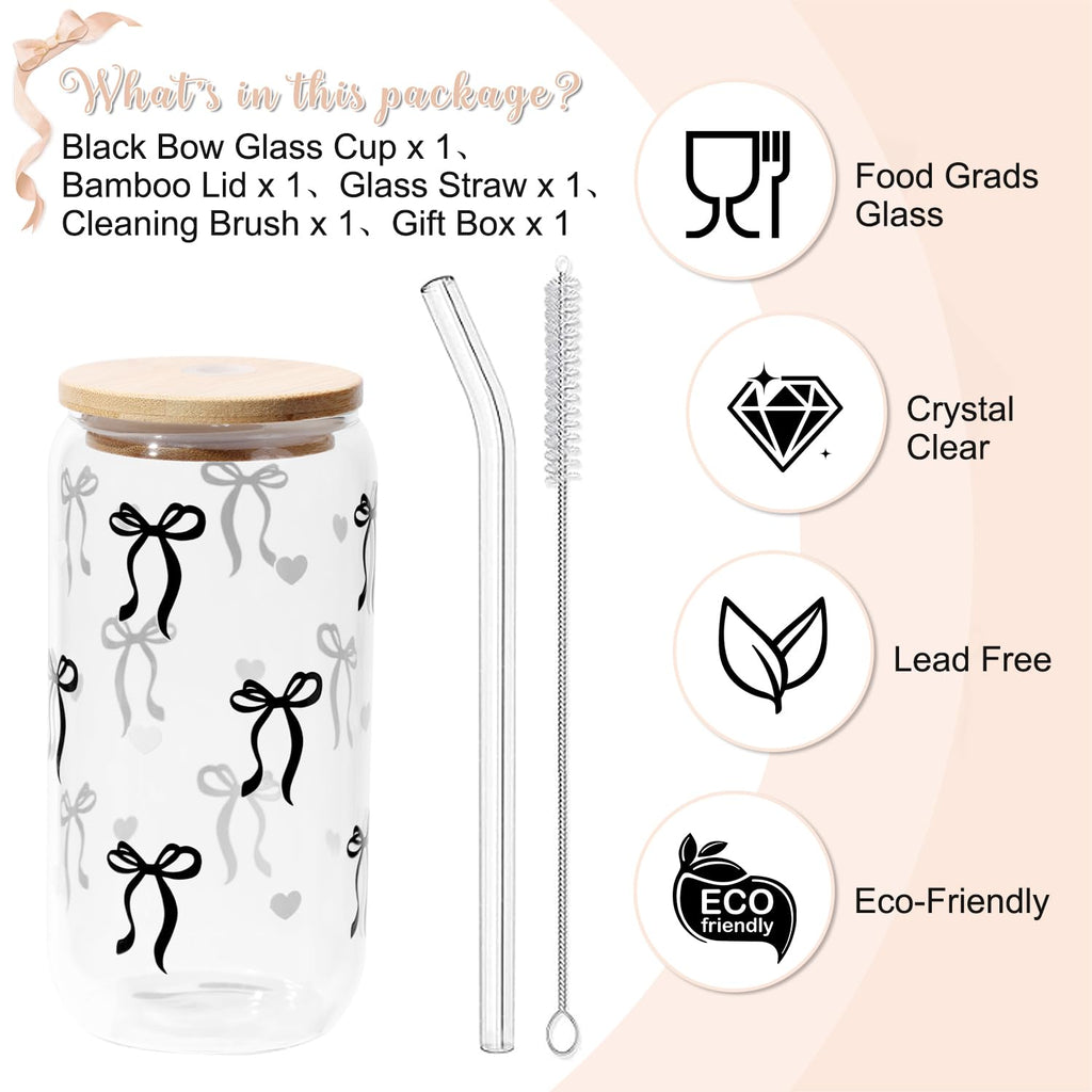 Coquette Black Bow Aesthetic Cup With Gift Box 16oz Glass Cup with Lids Straws and Black Bow Iced Coffee Smoothie Cute Tumbler with Cleaning Brush