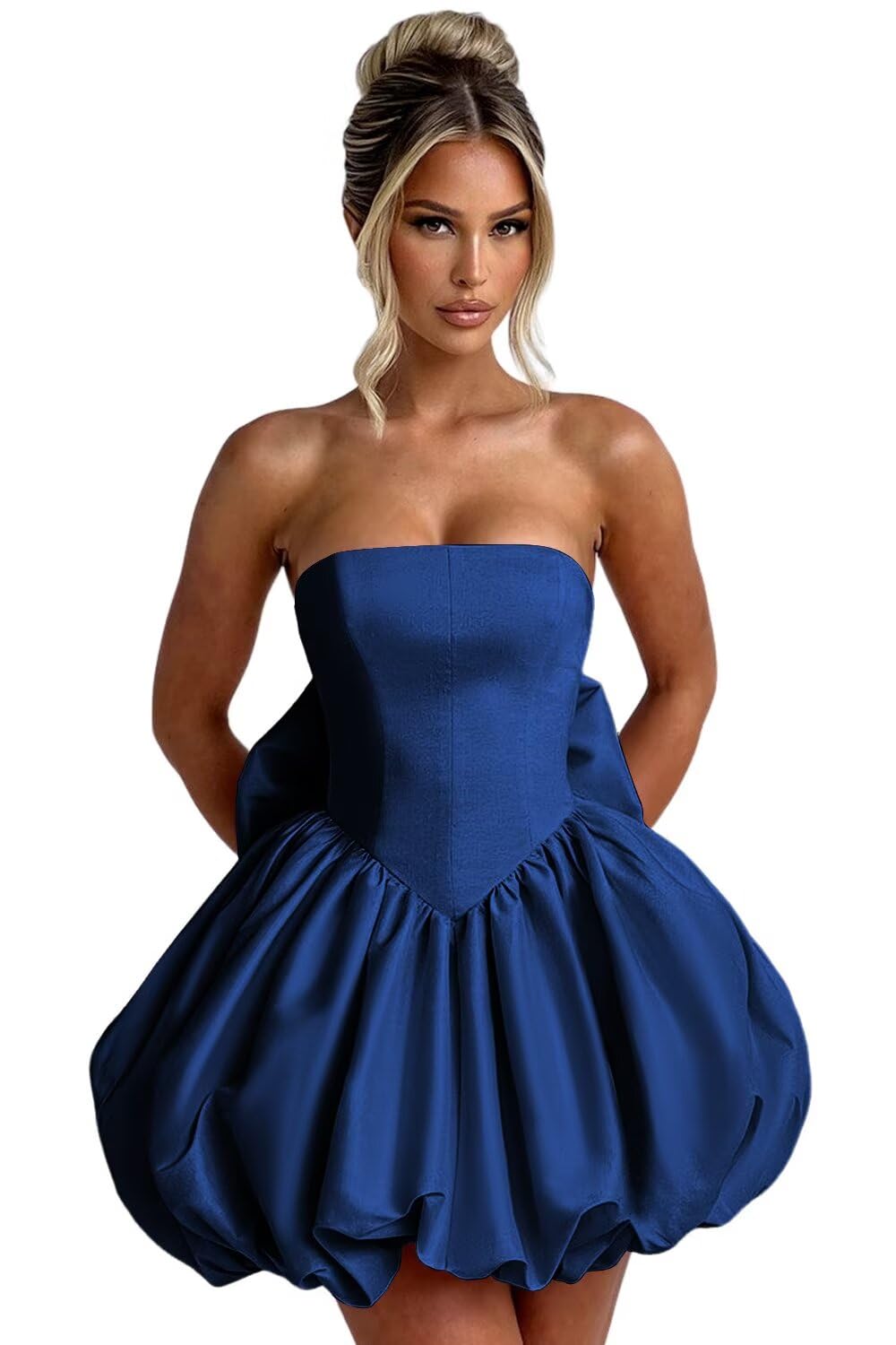 Satin Bubble Dress with Pockets Strapless Detachable Bow Short Ball Gowns A Line