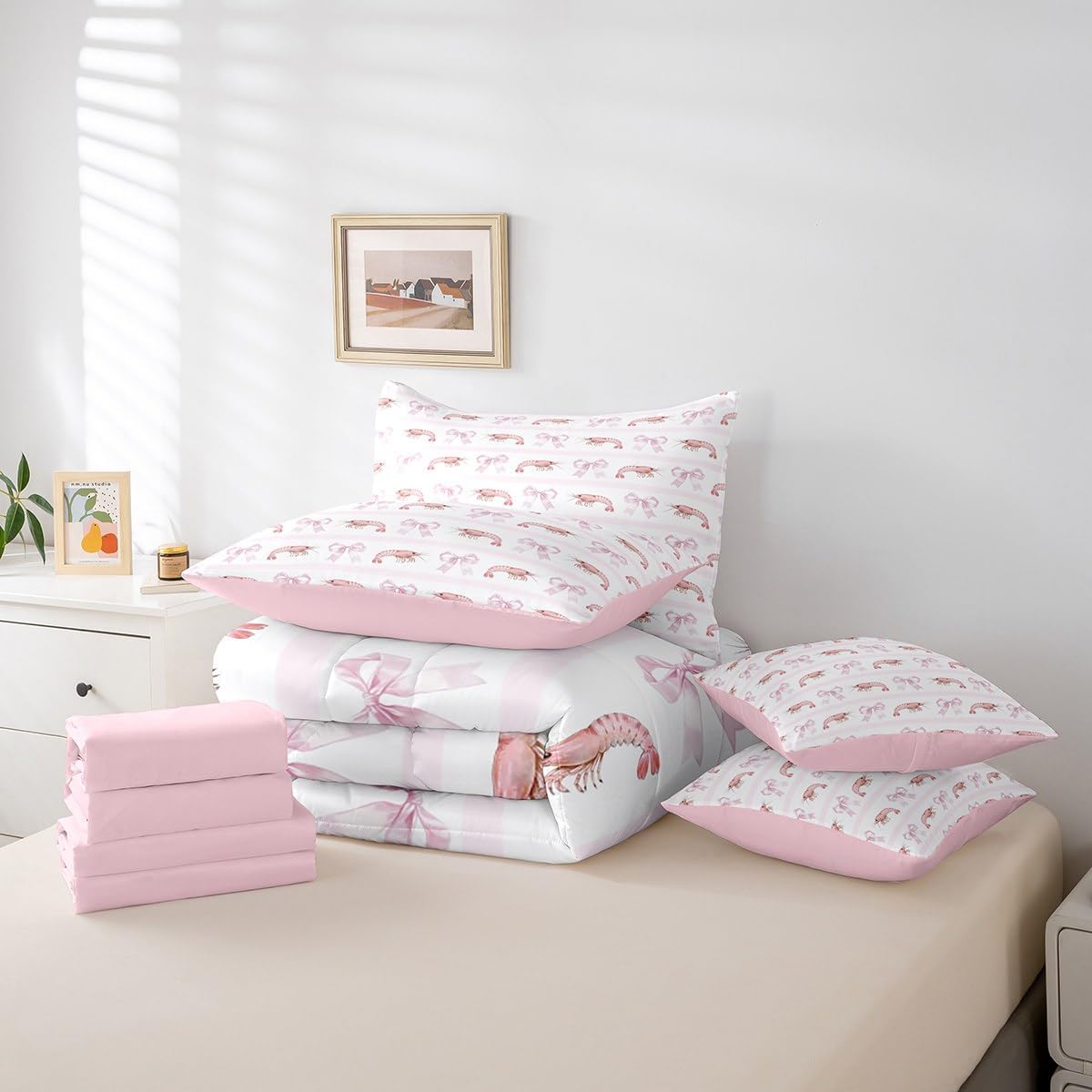 Princess Style Pink Bowknot Comforter Bedding Set, Bow Tie Pink White Dreamy Fairy Tale Bow (Comforter+Fitted+Flat Sheet+2 Pillowcases+2 Throw Pillow Covers) 7 Pieces Bed Set