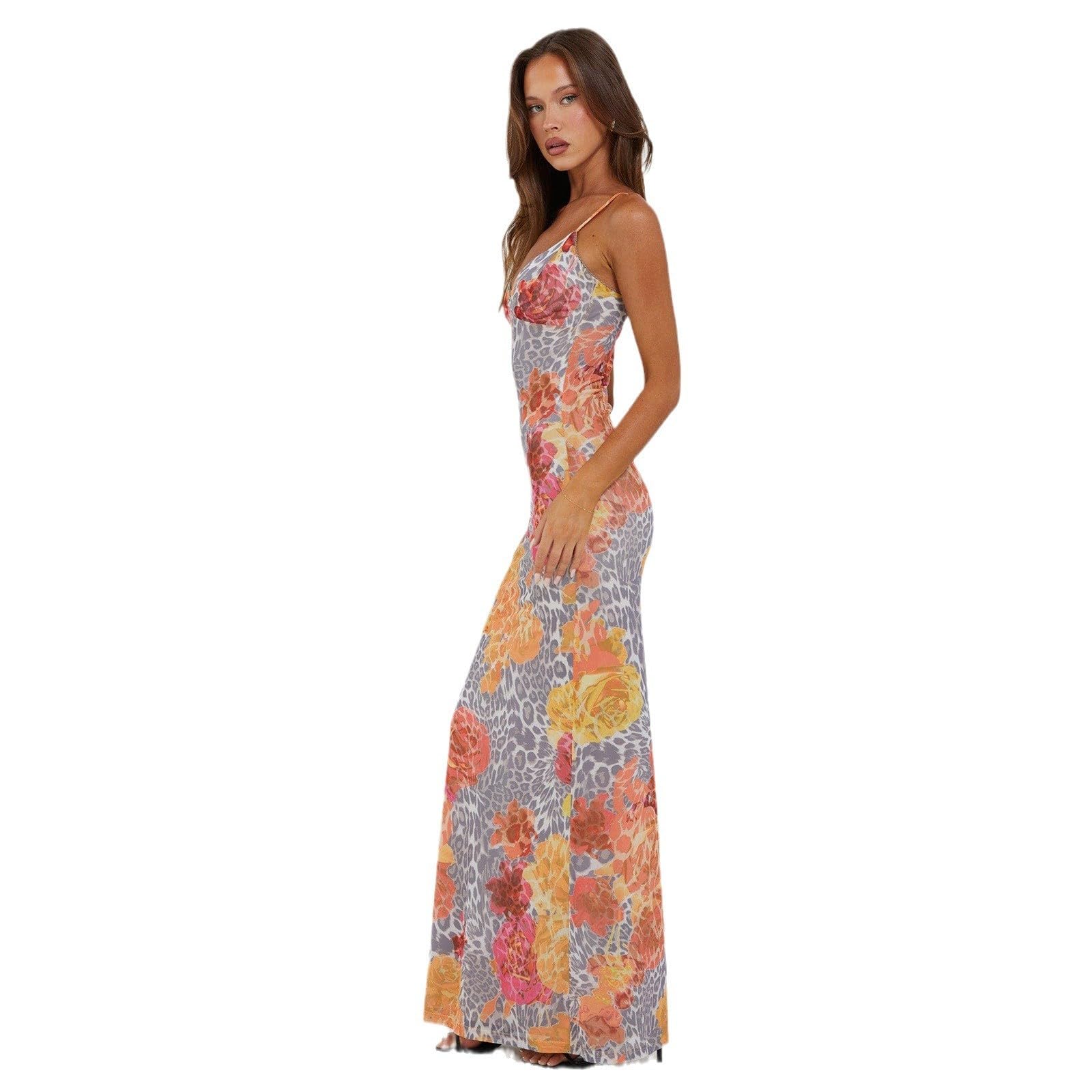 Women Spaghetti Strap Satin Dresses Backless Hollow Casual Boho V Neck Dress Flowy Dress