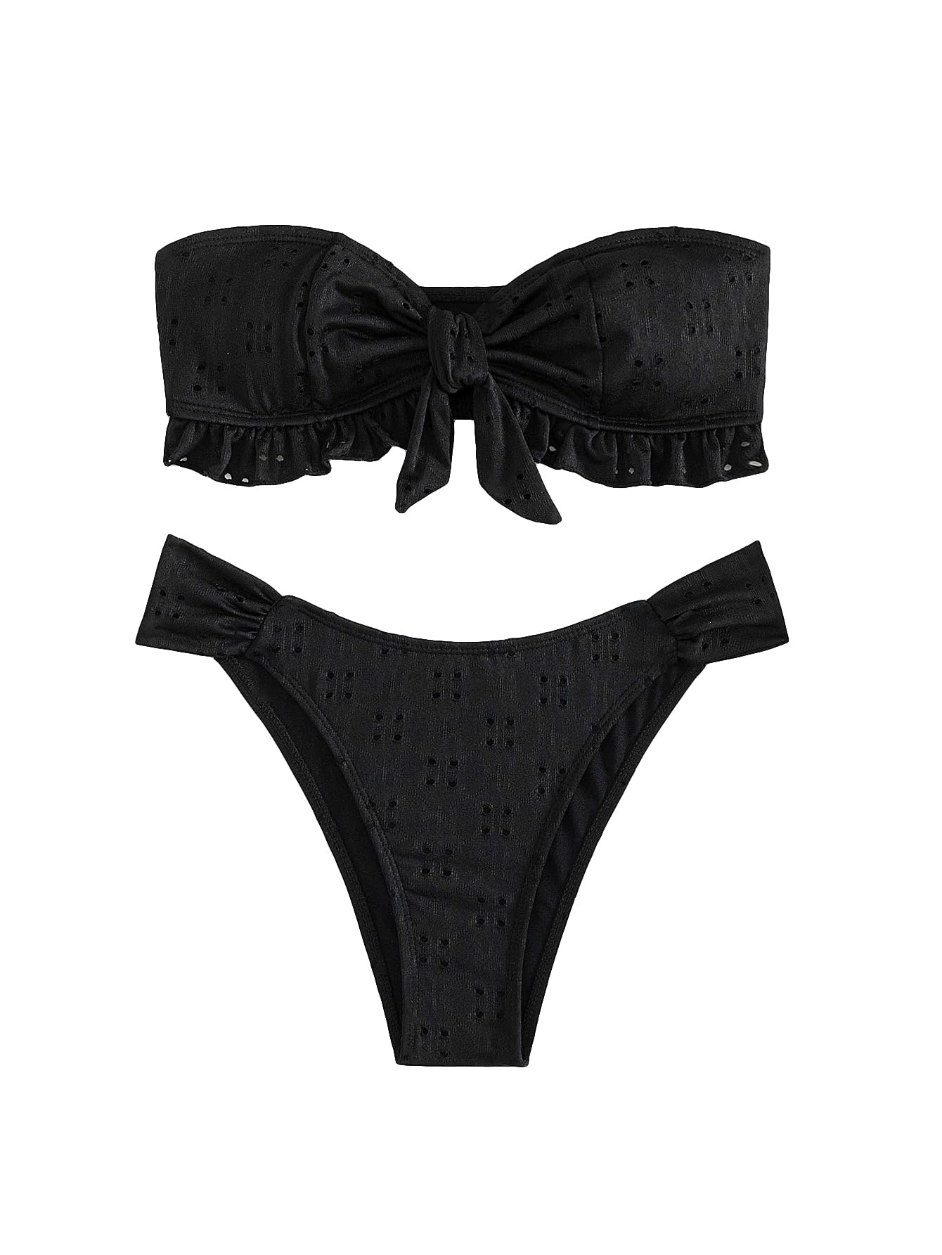 Women's 2 Piece Bathing Suit Ruffle Hem Bandeau Tie Front Bikini Set