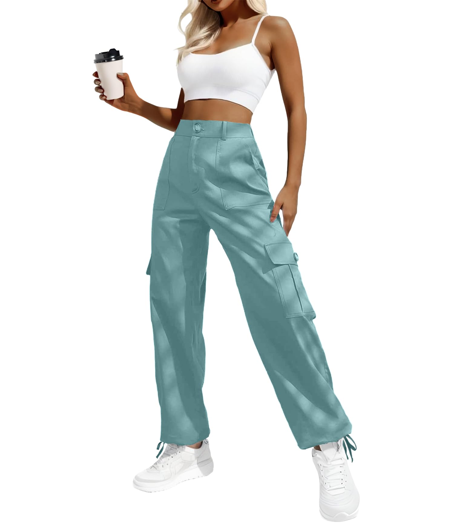 Women's High-Waisted Cargo Pants â€?Y2K Streetwear Baggy with 6 Pockets & Drawstring Cuffs