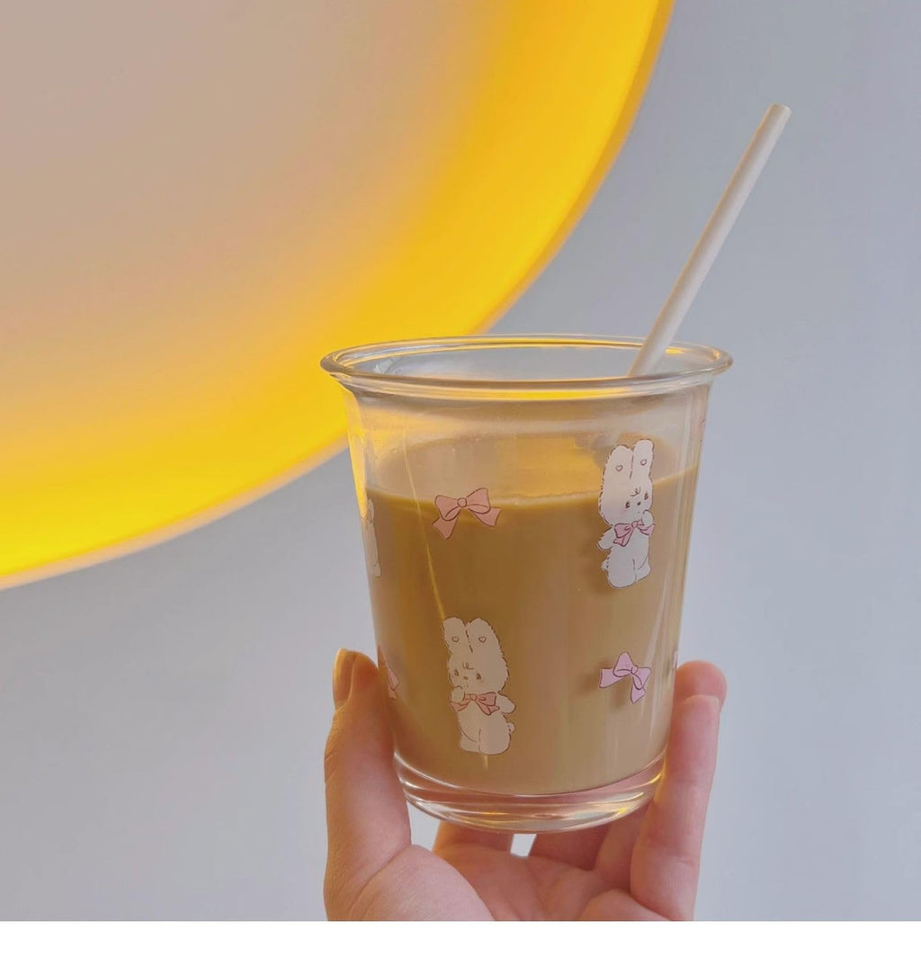 Set of 2 12 oz French Drinking Glasses Floral Juice Cup Cute Rabbit Bow Glass Cups