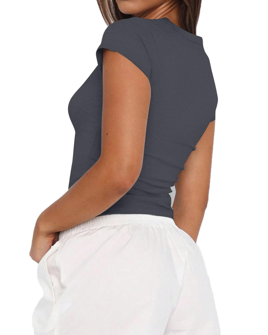 Women Basic Short Sleeve Crop Top Ruched Fitted Baby Tee Shirts