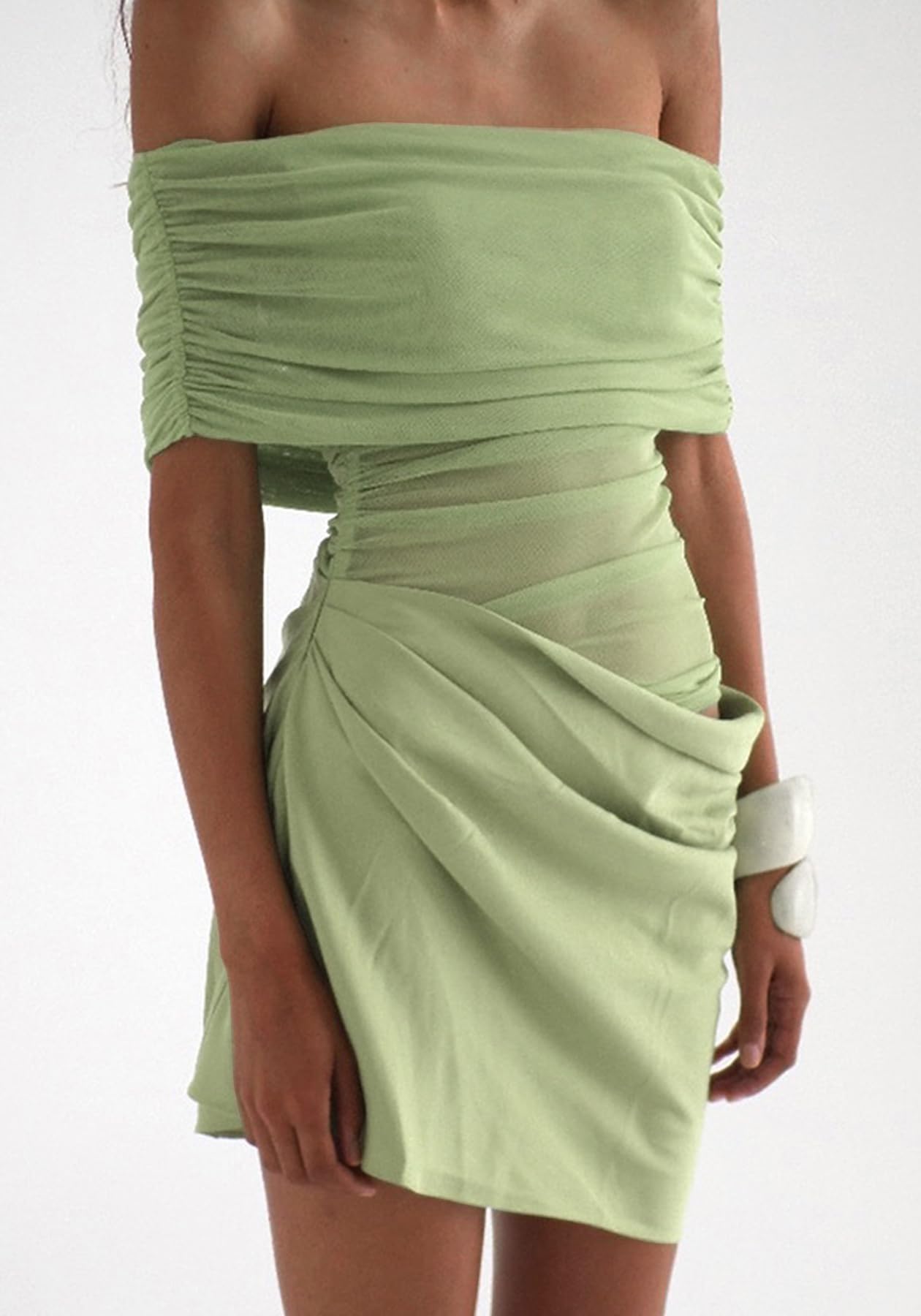 Women's Off The Shoulder Sheer Mesh Mini Dress Ruched Dresses Sexy See Through Y2k Short Dress