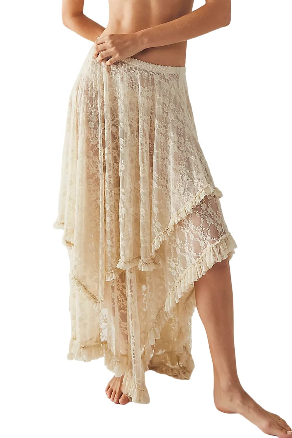 Women Lace Long Skirts Summer Elastic Asymmetrical Layered Hem Sexy See-Through Beach Floral Maxi Skirts