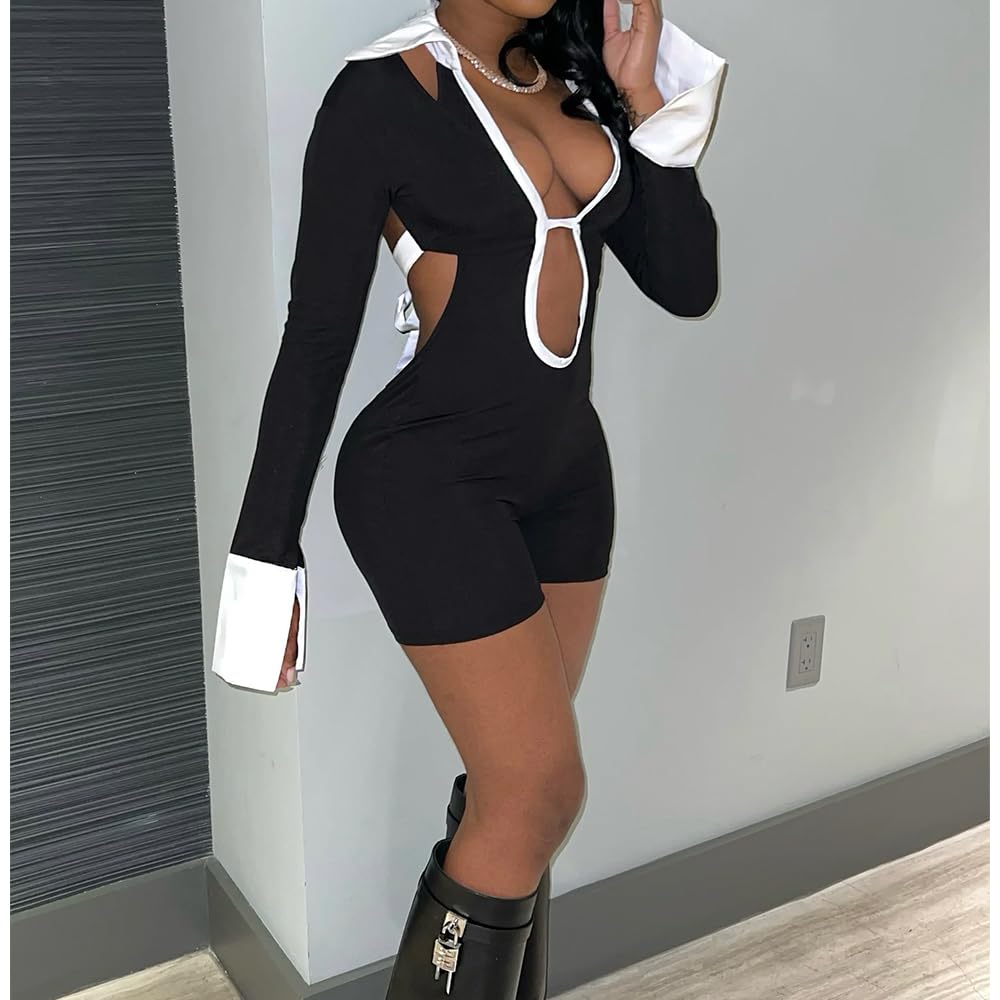 Women's Sexy Deep V Hollow Out Shirt Collar Long Sleeve Backless Strap Tight Jumpsuit Shorts