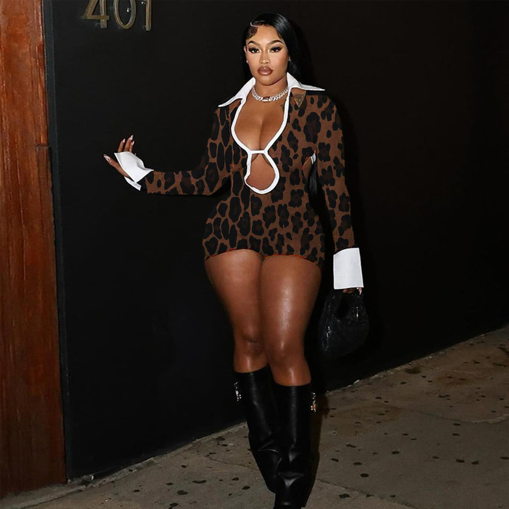 Women's Sexy Deep V Hollow Out Shirt Collar Long Sleeve Backless Strap Tight Jumpsuit Shorts