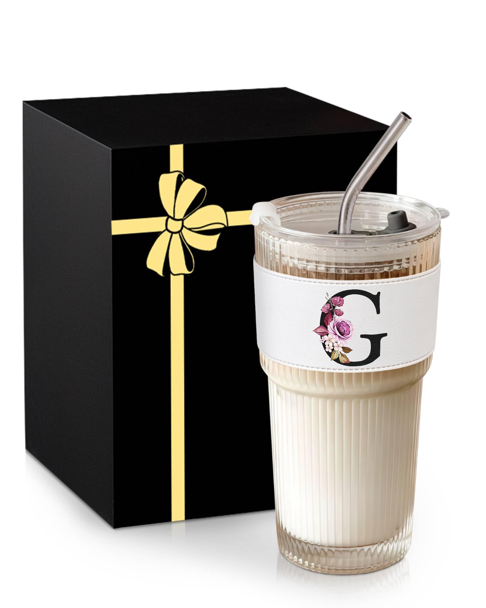 Initial Glass Cup with Lid Straw Ribbed Ice Tea Clear Tumbler Her Sister Coffee Matcha Latte Girlfriend Gf Aunt Best Friend Friendship Bestie Wife Cute Asthetic Unique Birthday Personalized Gift K