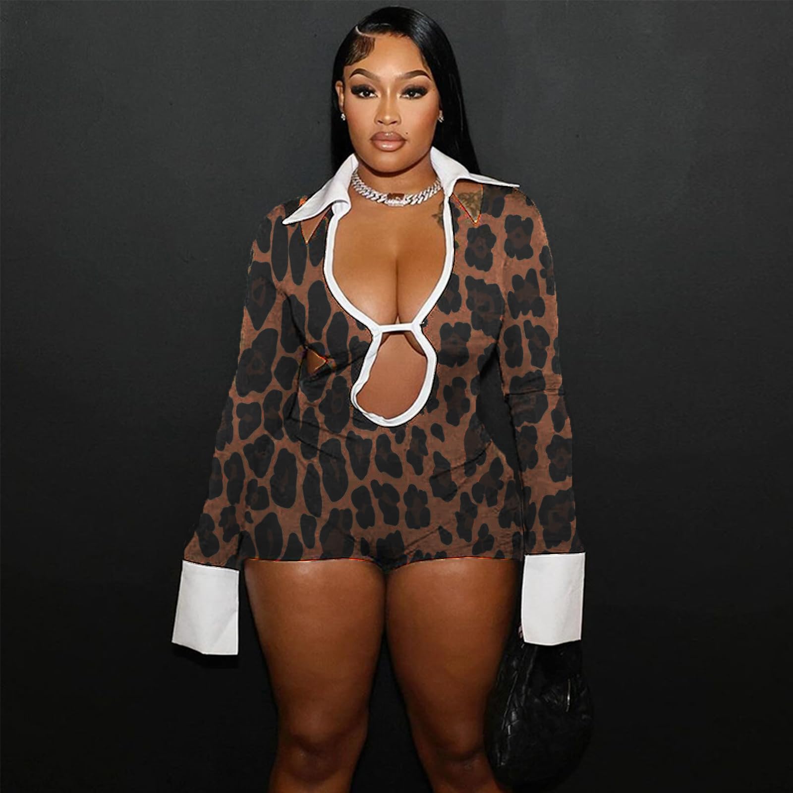 Women's Sexy Deep V Hollow Out Shirt Collar Long Sleeve Backless Strap Tight Jumpsuit Shorts