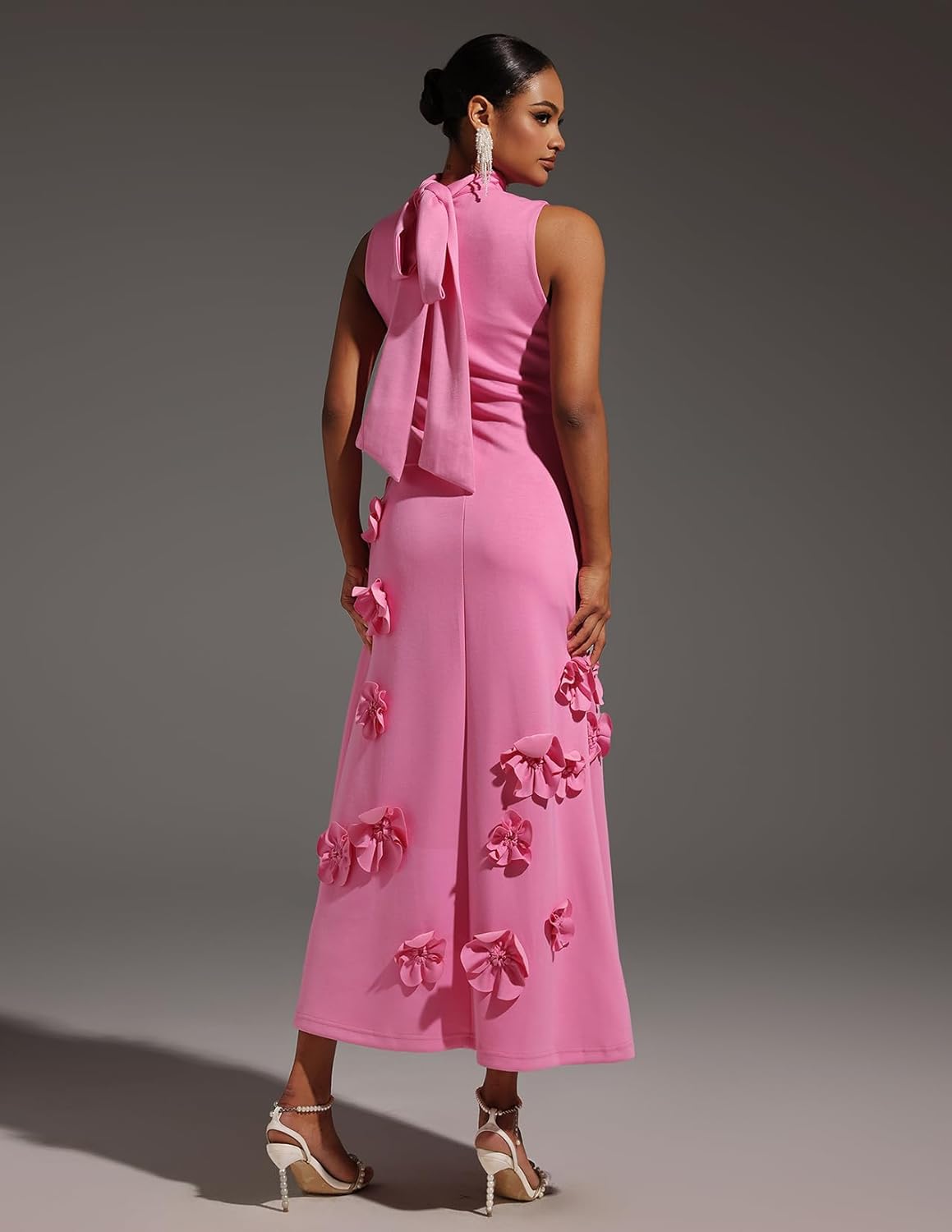 Pink 3D Flower Garden Party Dress Sleeveless Elegant Dress Maxi Bodycon Dress High Neck Pleated Dress for Women