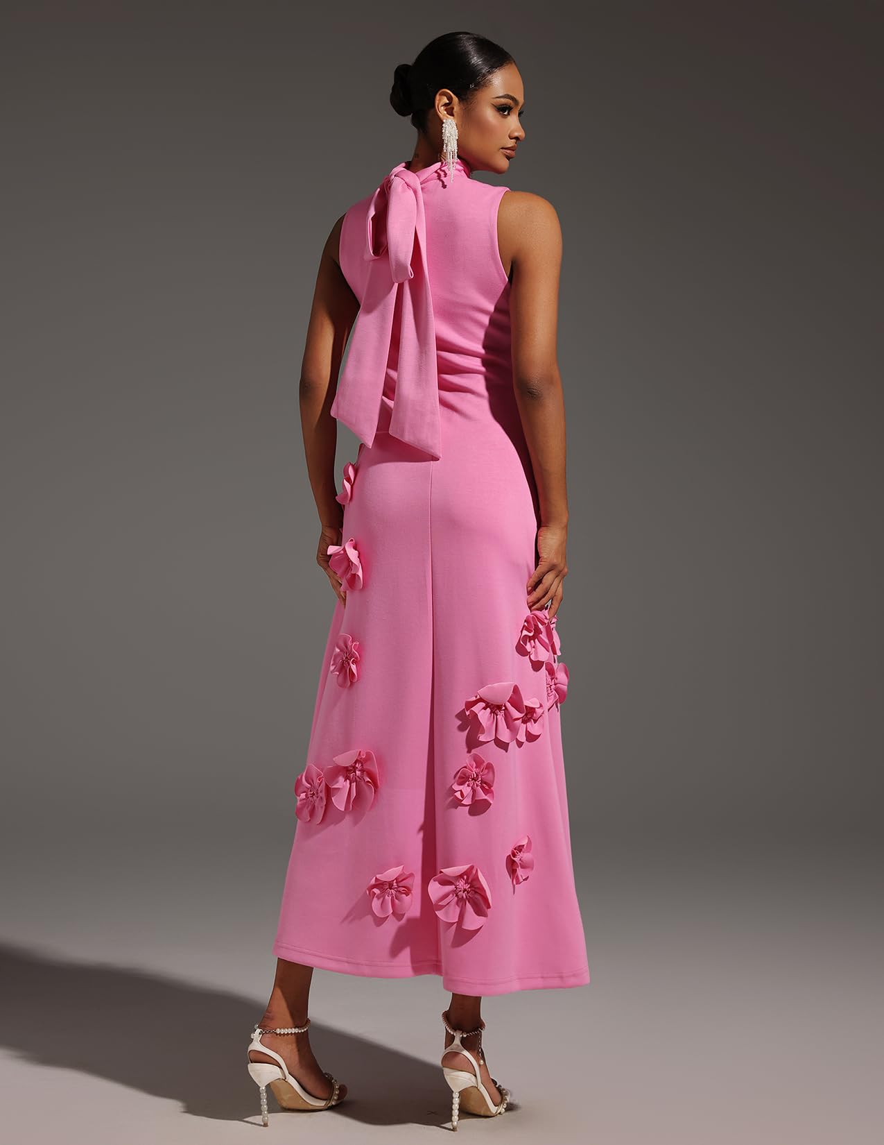 Pink 3D Flower Garden Party Dress Sleeveless Elegant Dress Maxi Bodycon Dress High Neck Pleated Dress for Women