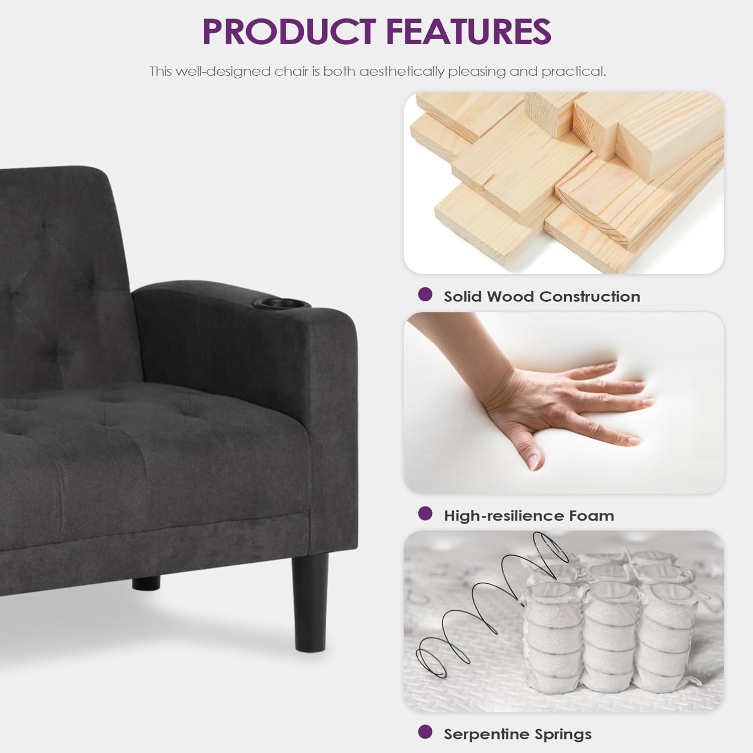 Velvet Loveseat Sofa w/ 2 USB Charger Ports and 2 Cupholders, Mid-Century Modern Tufted