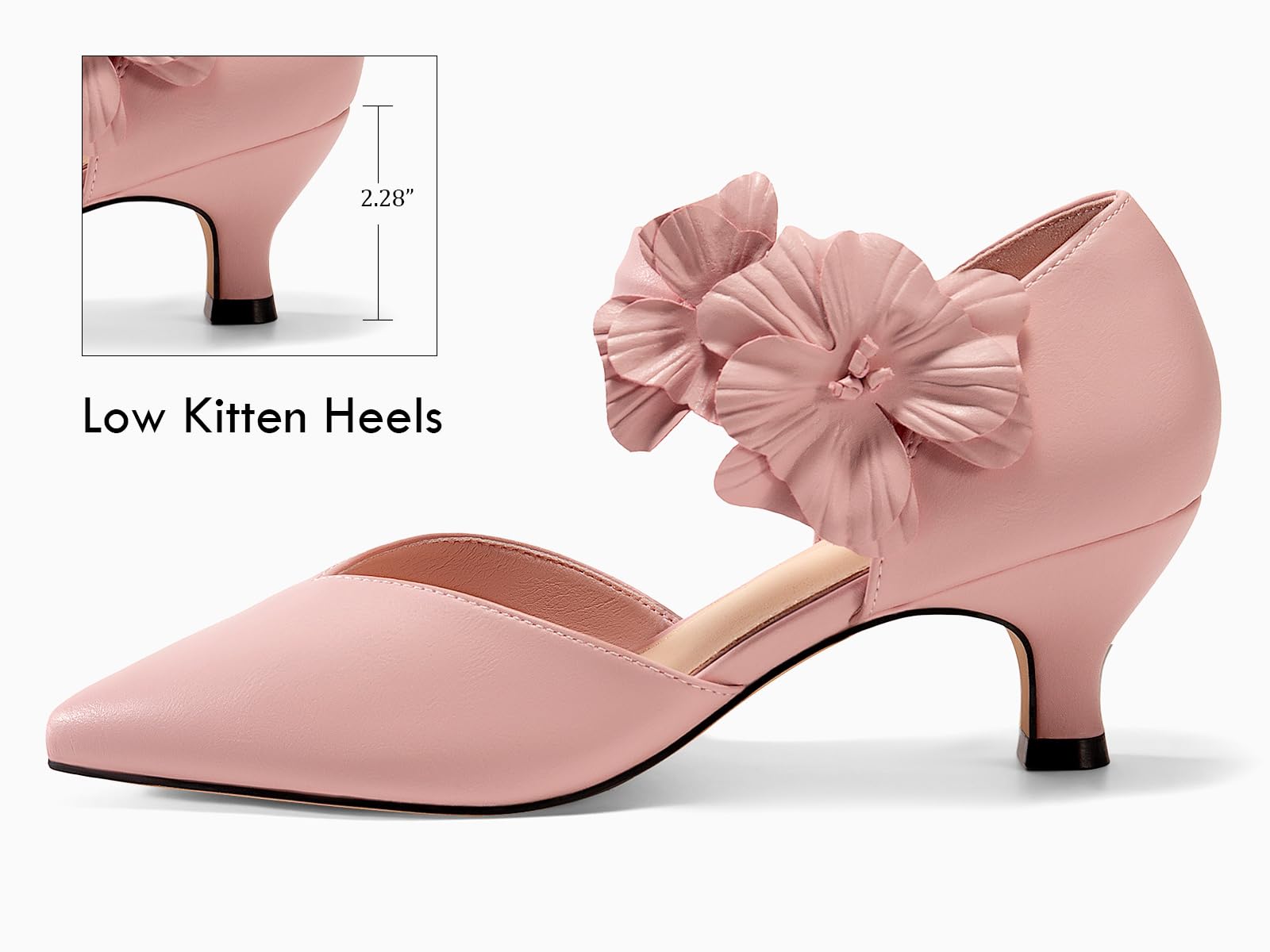 Women's Low Kitten Heels Dressy Shoes Comfortable Closed Toe Flower Slip on