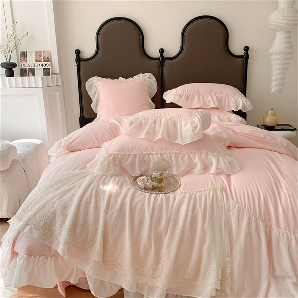 Lace Duvet Cover - Chiffon Ruffled Beddding Set with Flower, 3 Pieces Comforter Cover Set with Zipper Closure and Pillowcase
