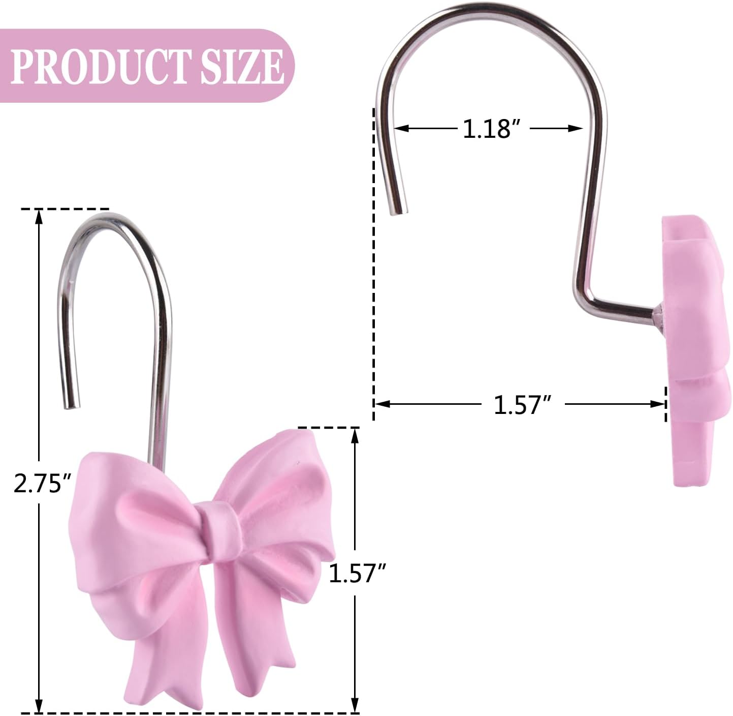 Pink Bow Knot Resin Shower Curtain Hooks Rings for Bathroom 12 PCS
