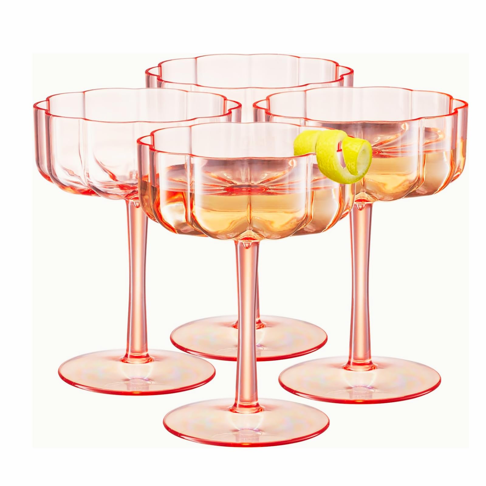 Shatterproof Acrylic Flower Wavy Vintage Art Deco Martini, Champagne & Cocktail Muted Pastel Color Plastic Tritan Coupe Glasses