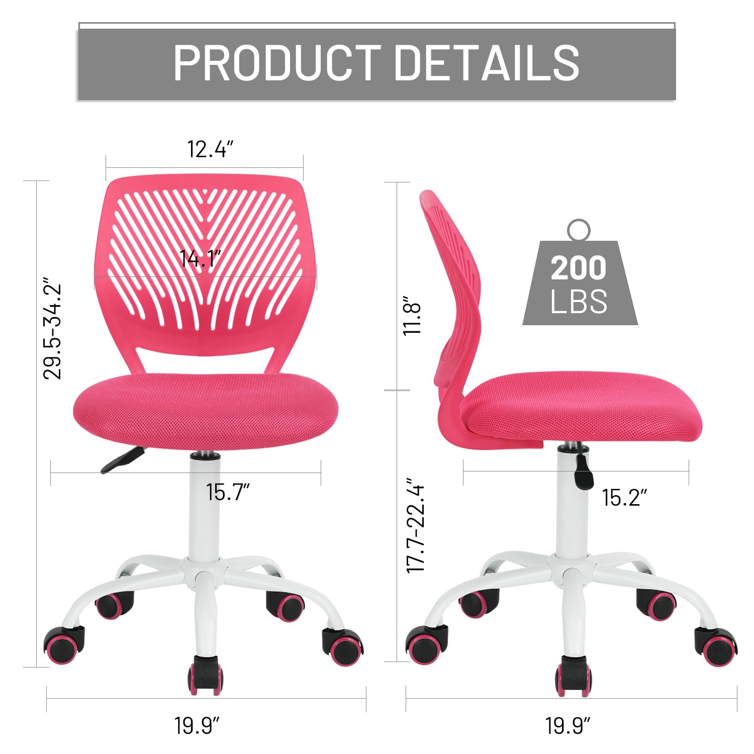 Study Desk Chair Armless Cute, Ergonomic Small Swivel Adjustable Rolling Lightweight Task Chair with Wheels and Mesh Padded Cushion