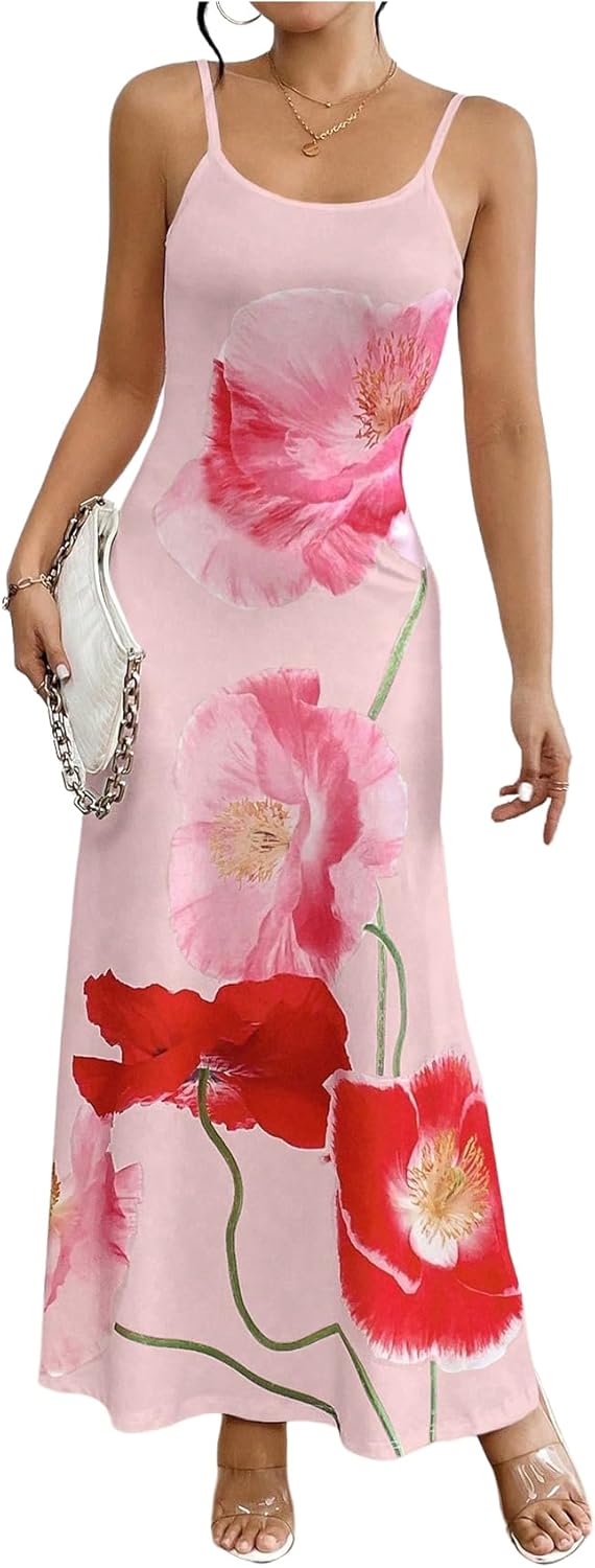 Women's Floral Print Backless Maxi Dress Scoop Neck Sleeveless Spaghetti Strap Dresses